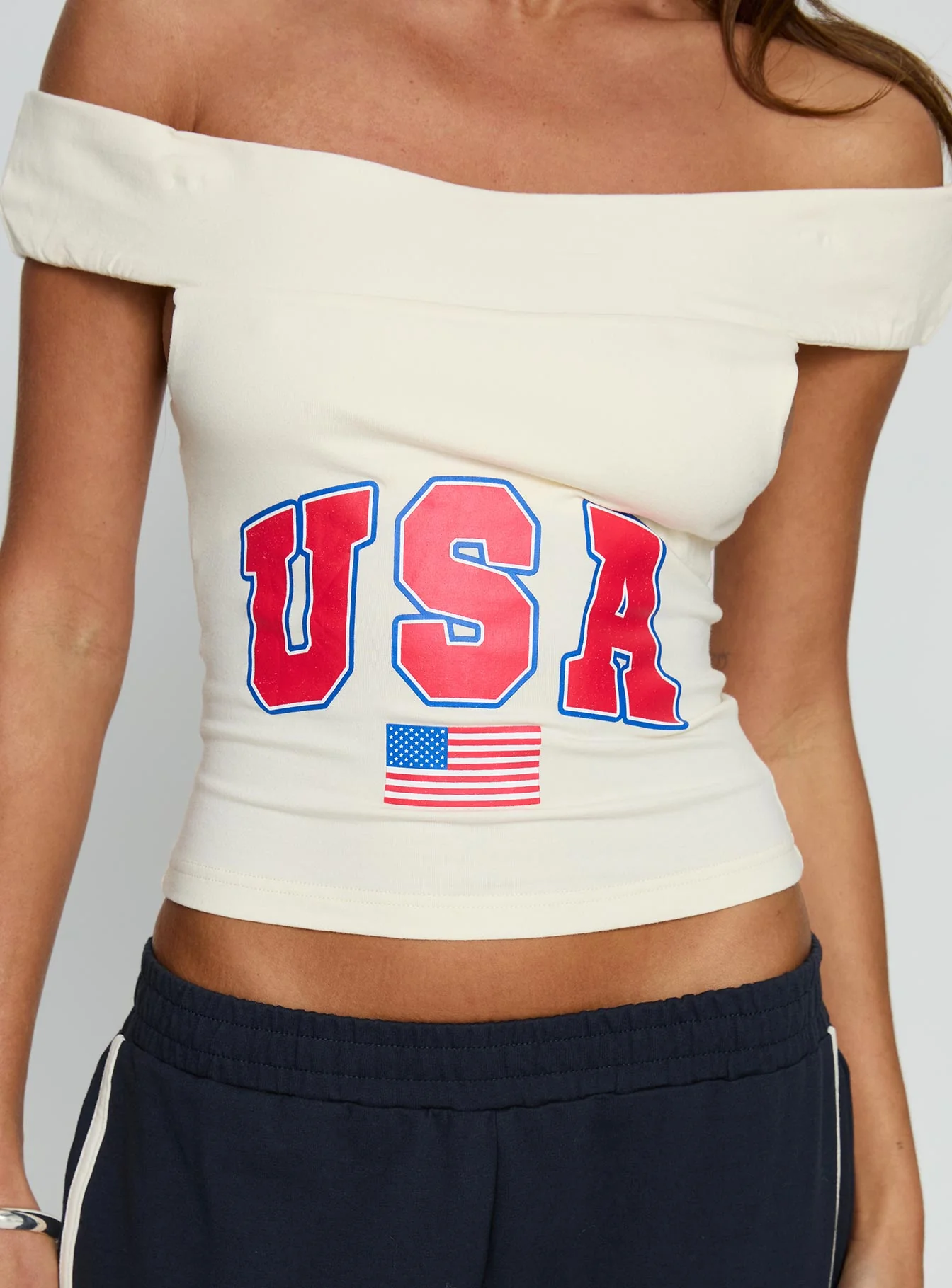 American Spirit Off the Shoulder Graphic Top Cream