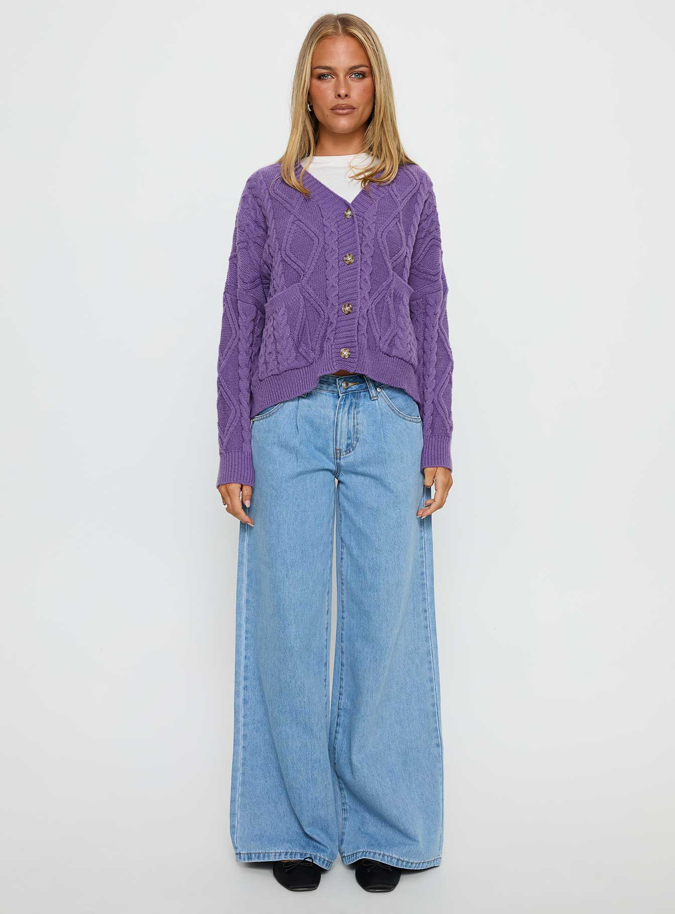 Dillian Cable Knit Cardigan Purple