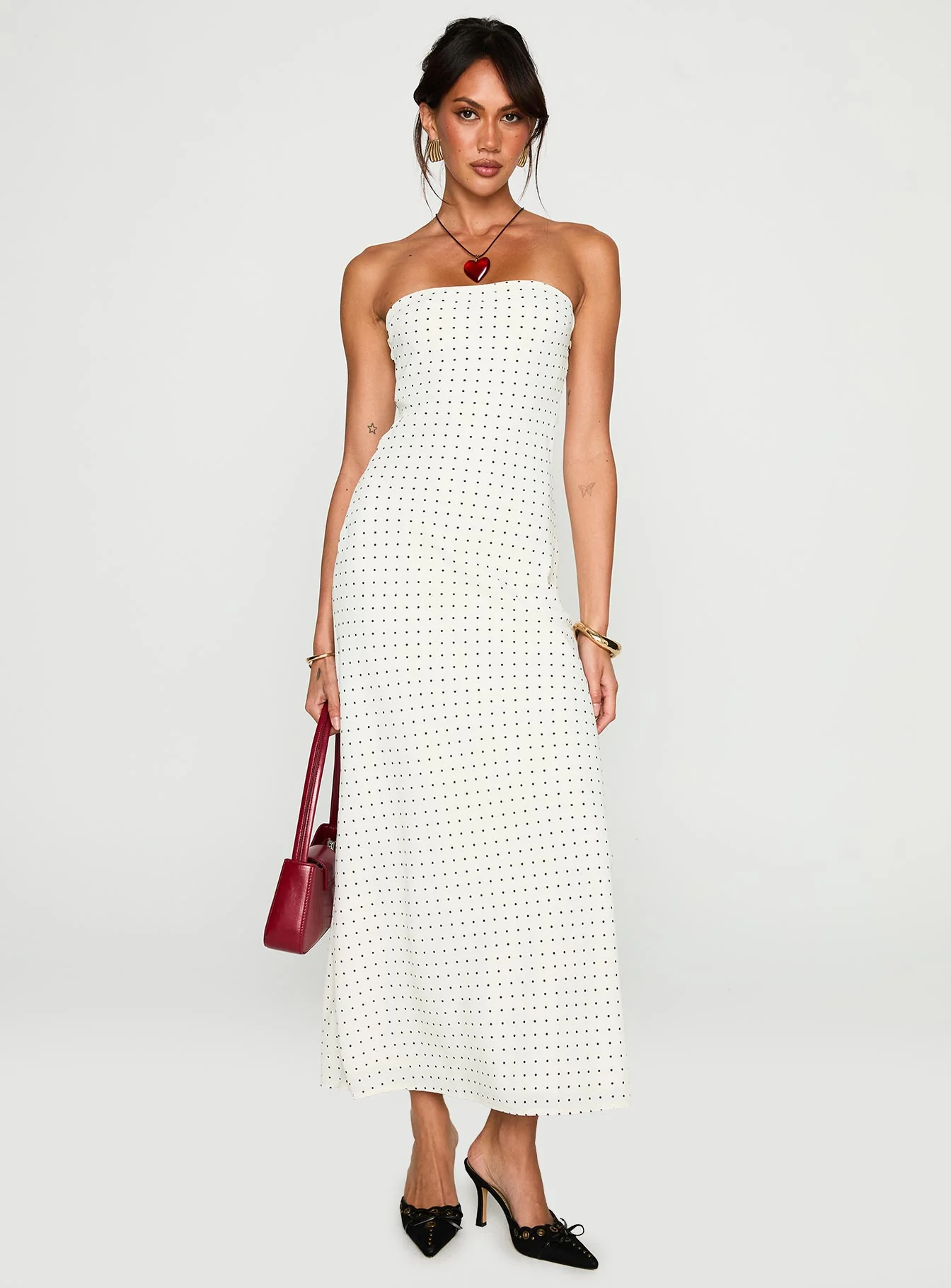 Just For Fun Strapless Maxi Dress White Polka Dot
