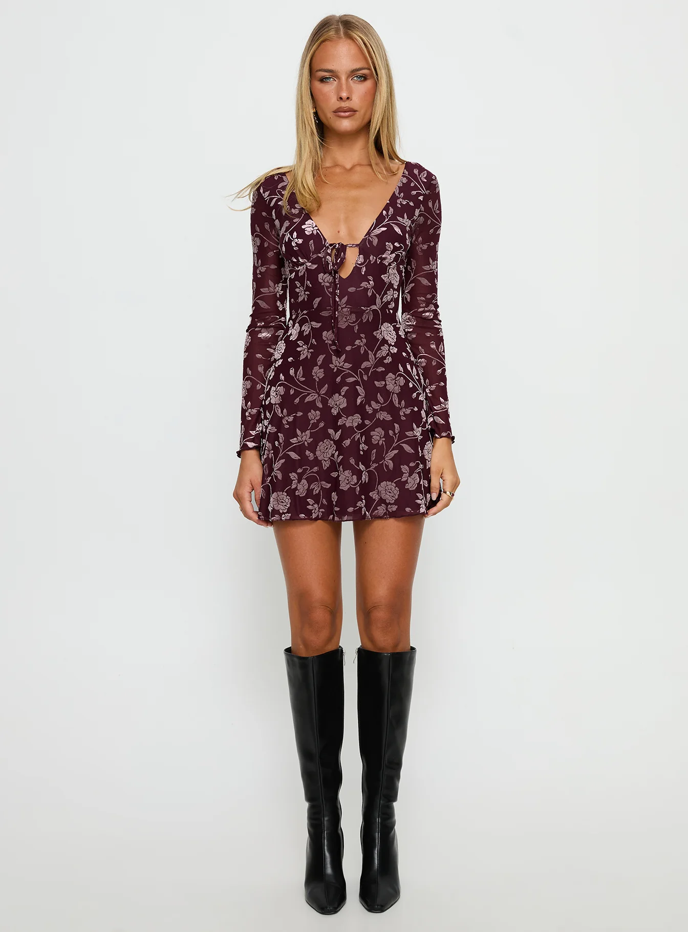 Raylena Long Sleeve V-neck Mini Dress Burgundy Floral