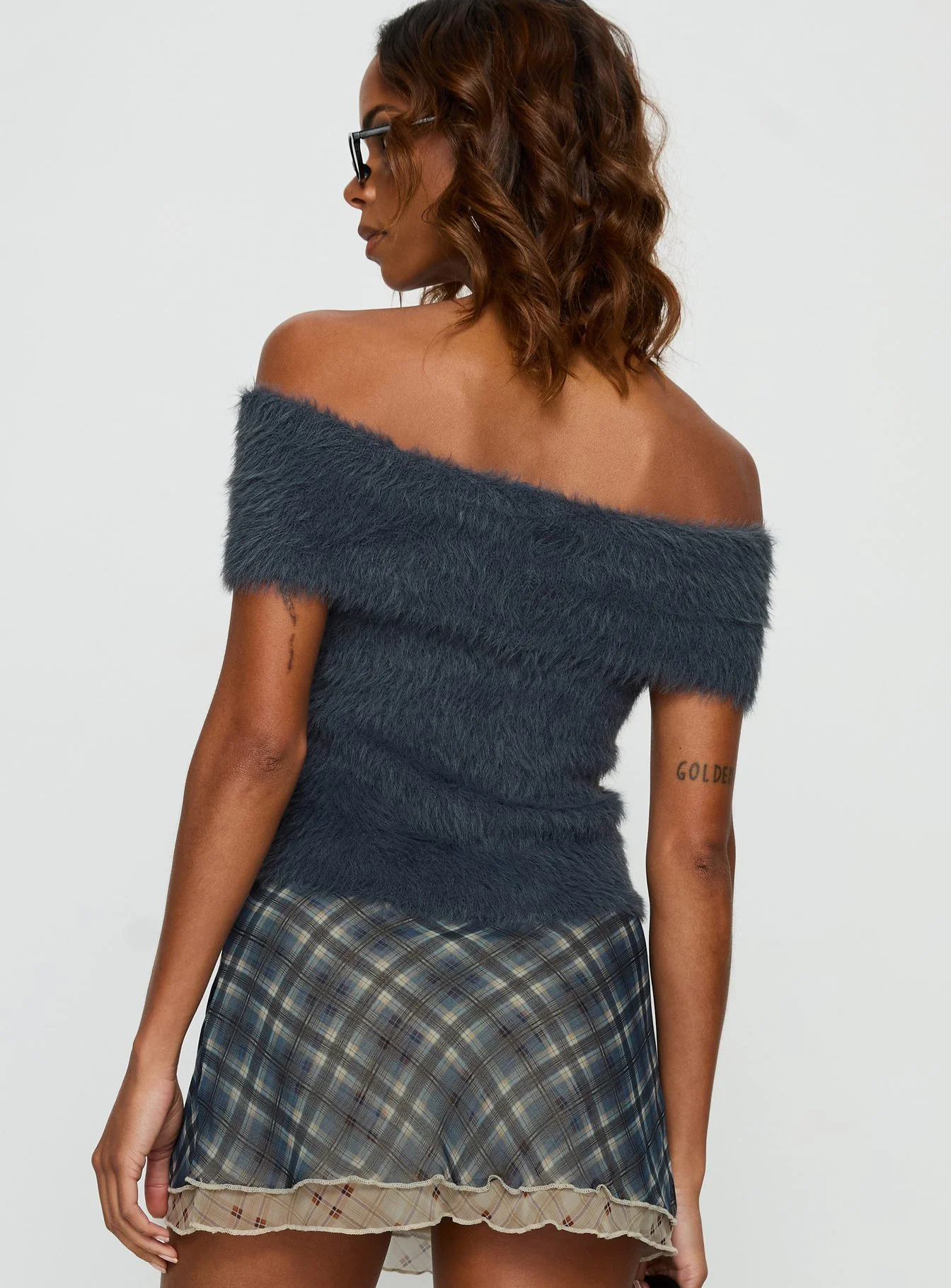 Wrylie Off Shoulder Fluffy Top Charcoal