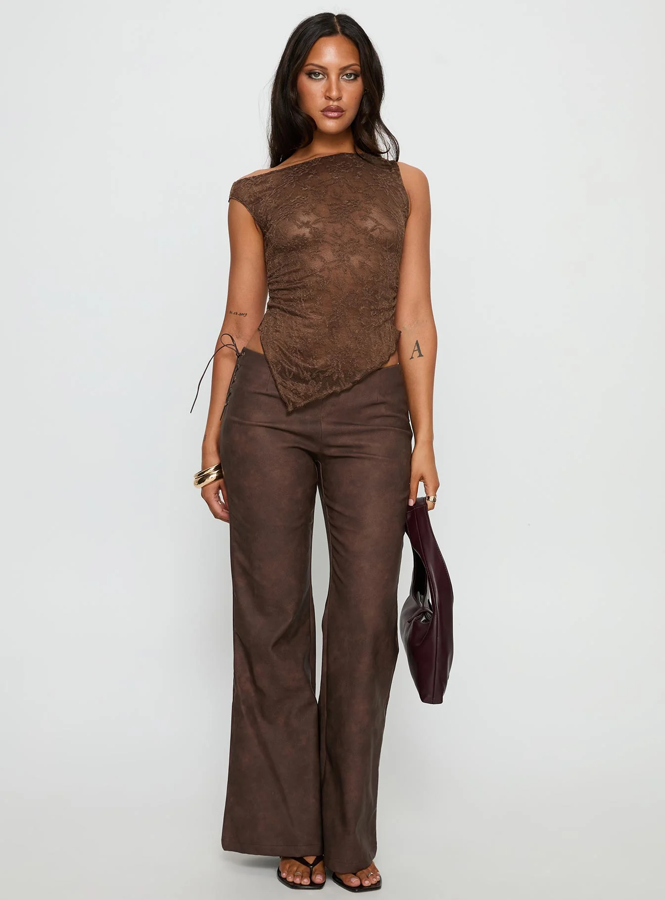 Decia One Shoulder Lace Top Brown