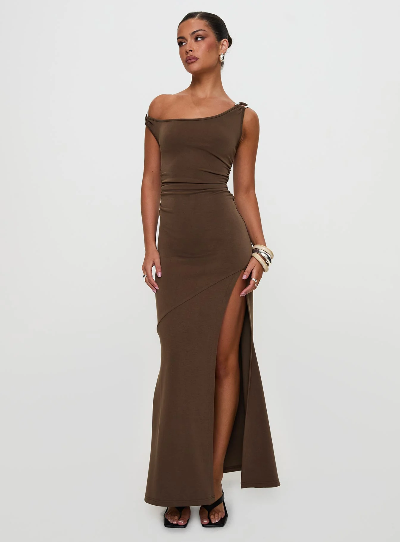 Rios One Shoulder Maxi Dress Brown