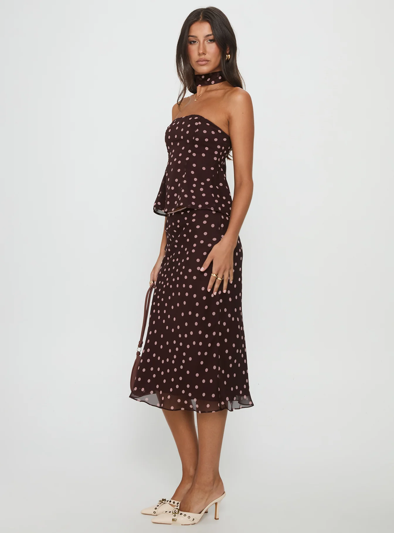 Sydni Midi Bias Cut Skirt Chocolate / Pink Polka