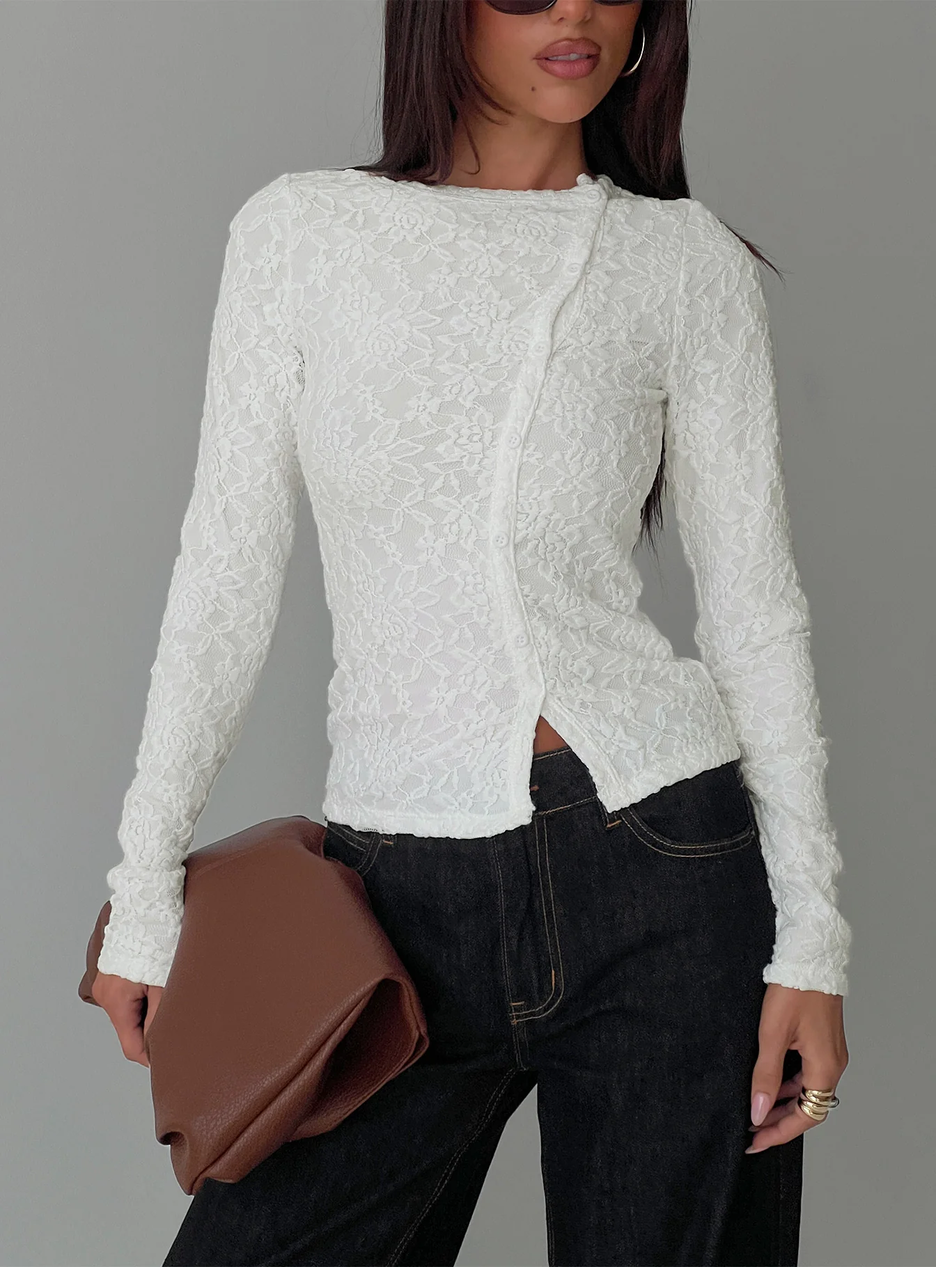 Passoni Long Sleeve Lace Top White