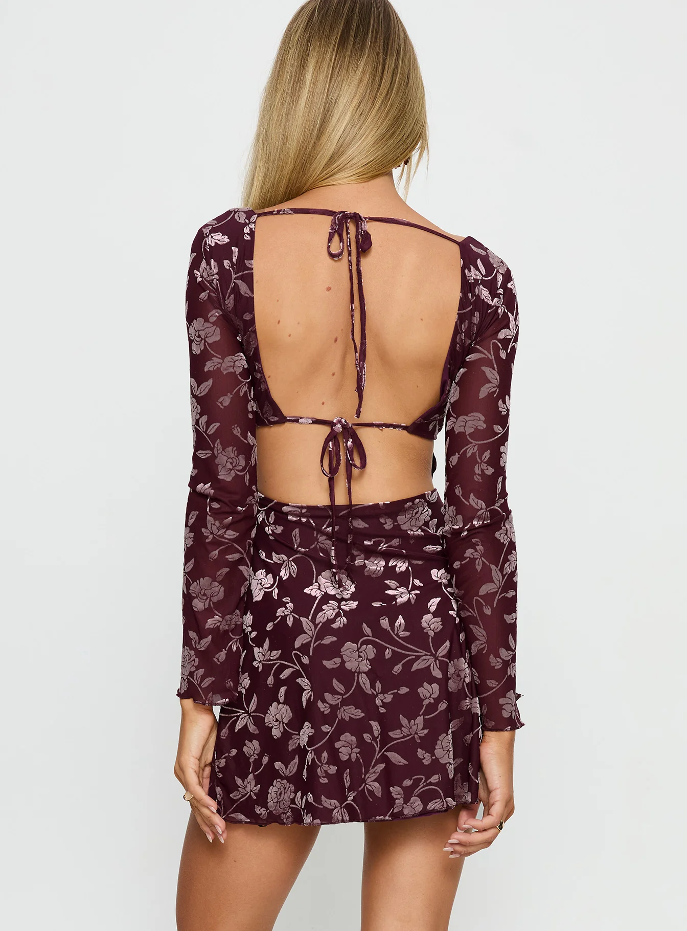 Raylena Long Sleeve V-neck Mini Dress Burgundy Floral