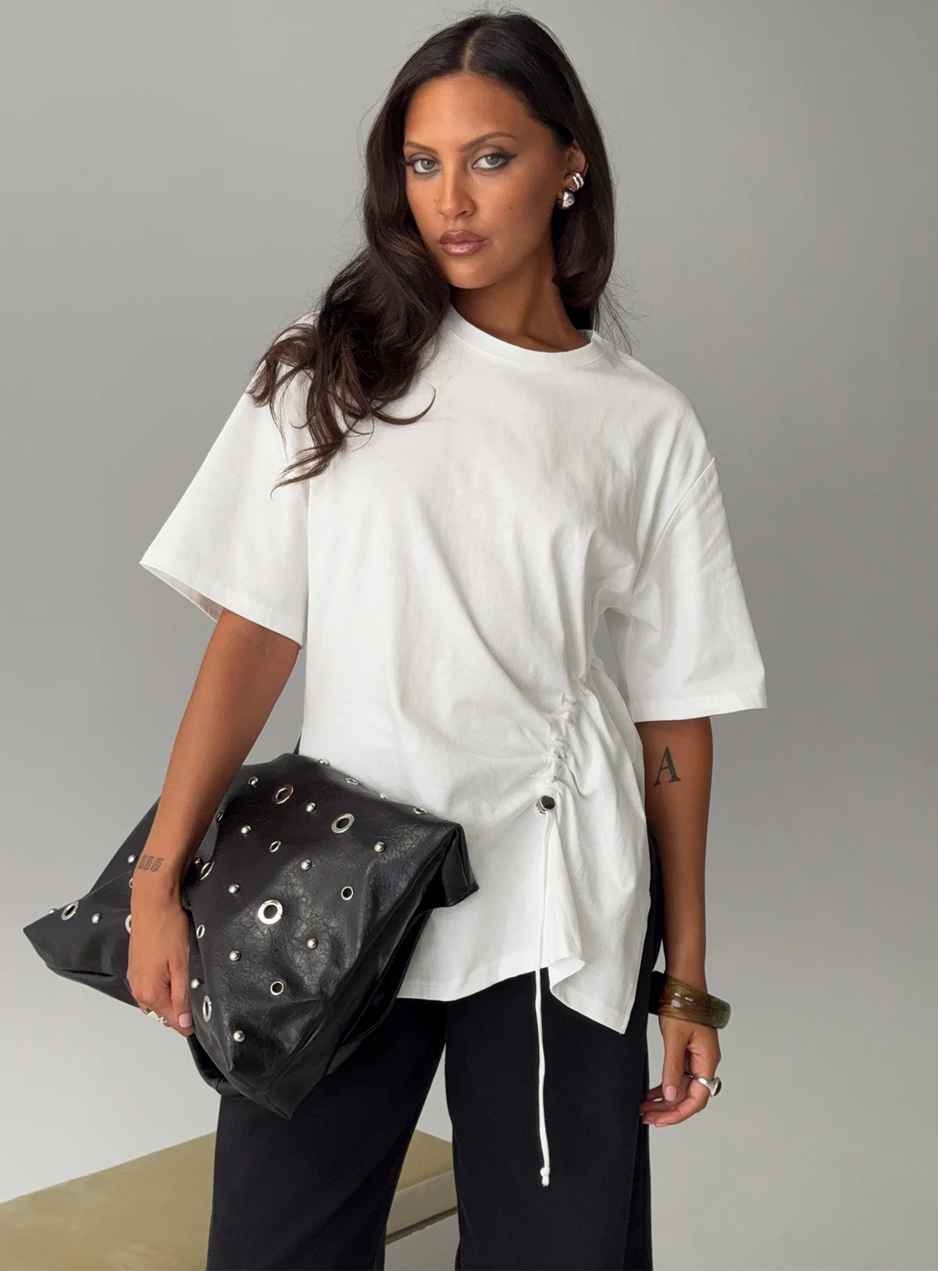 Agnessa Ruched Detail Oversized Tee White