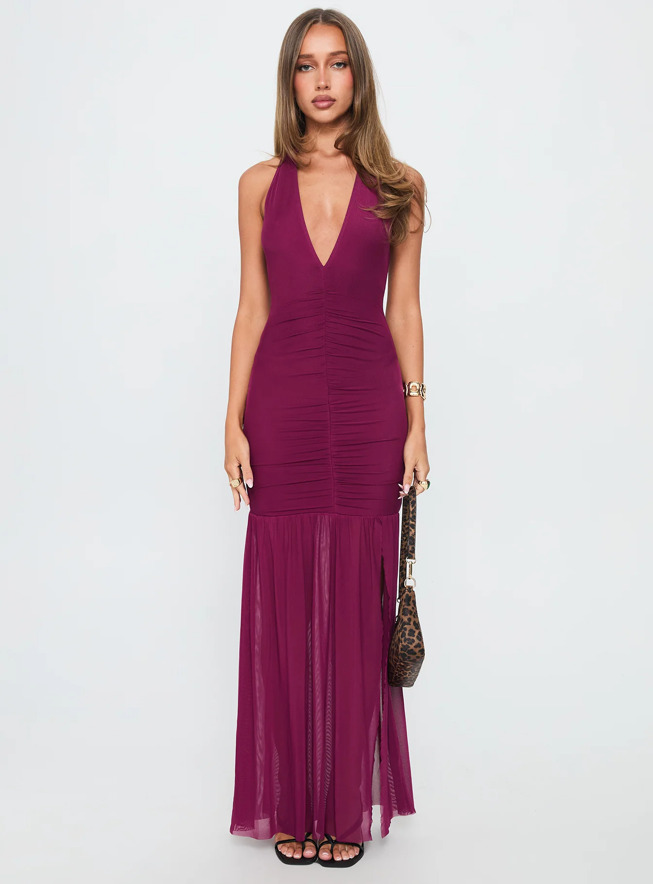 Jailyne Halter Plunge Maxi Dress Plum