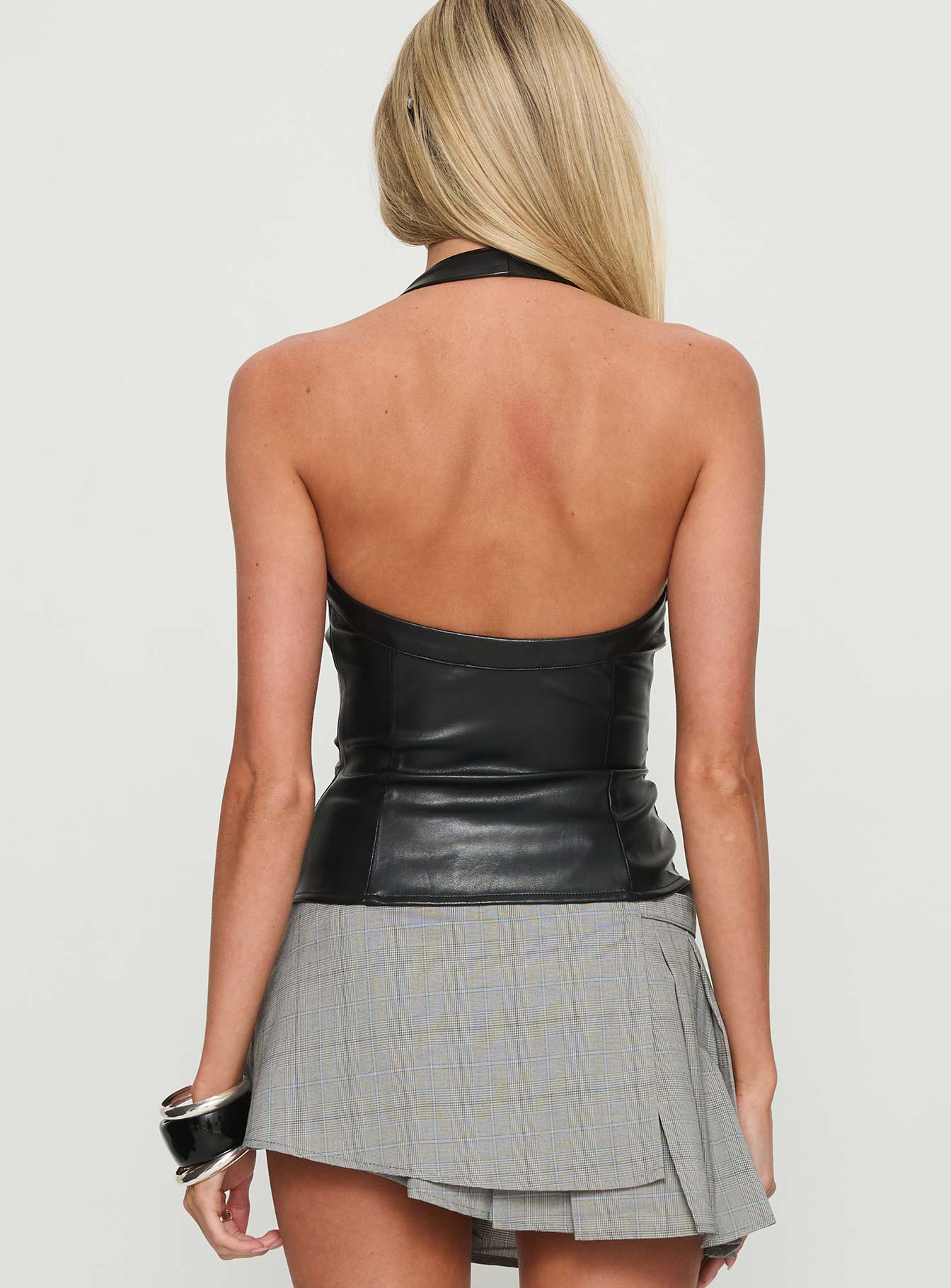 Thunderbolt Faux Leather Cowl Neck Top Black