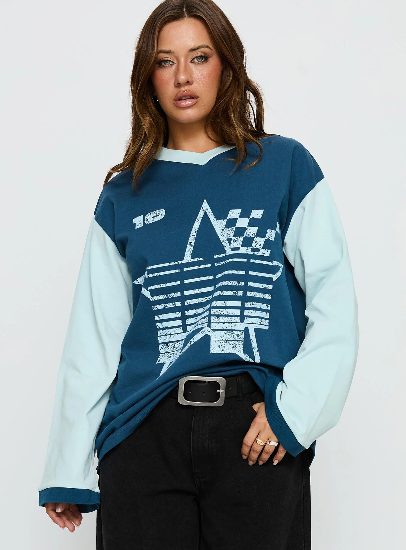 Starletta Long Sleeve Moto Top Blue