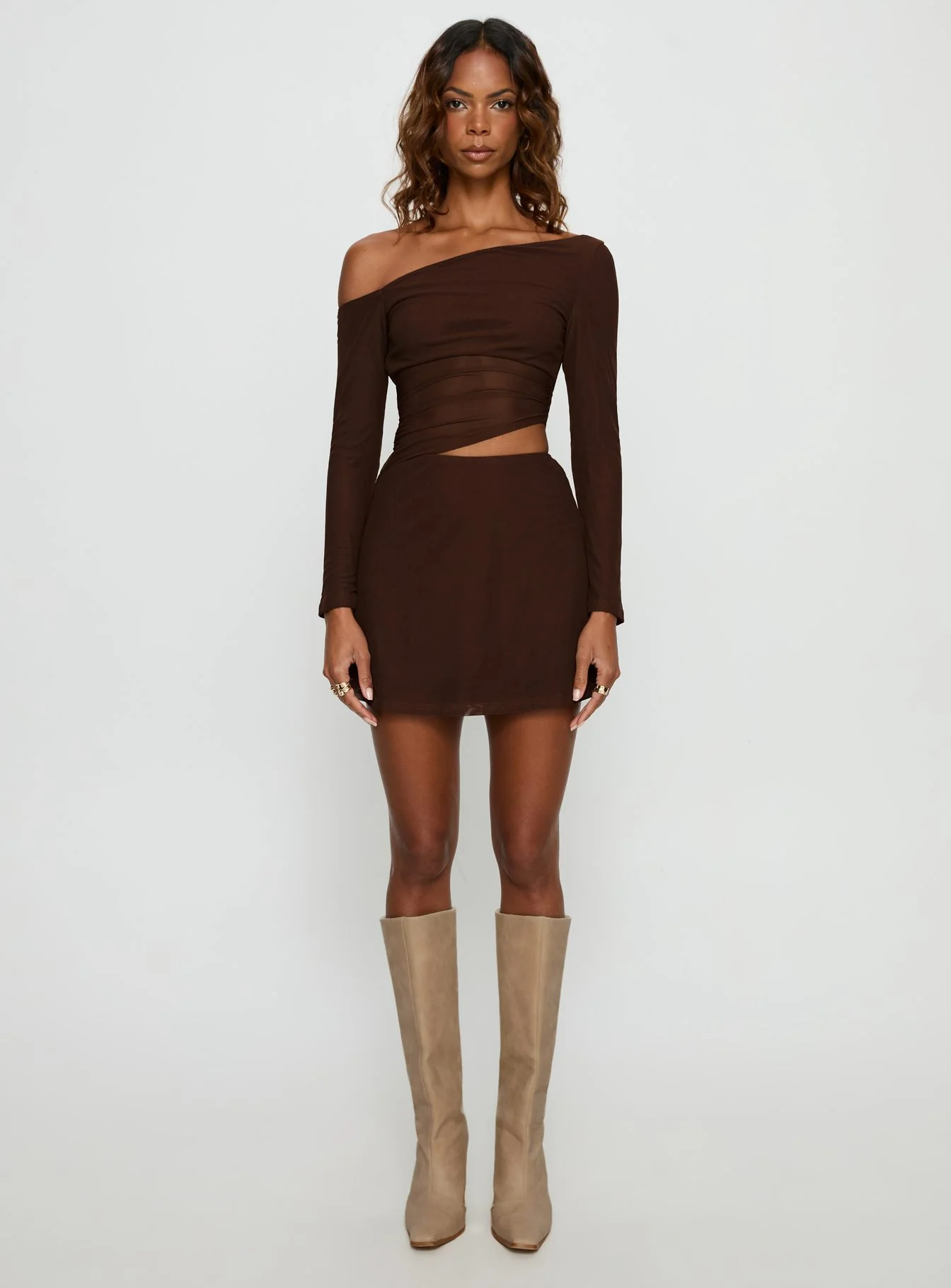 Fade To Black Off Shoulder Long Sleeve Mini Dress Chocolate