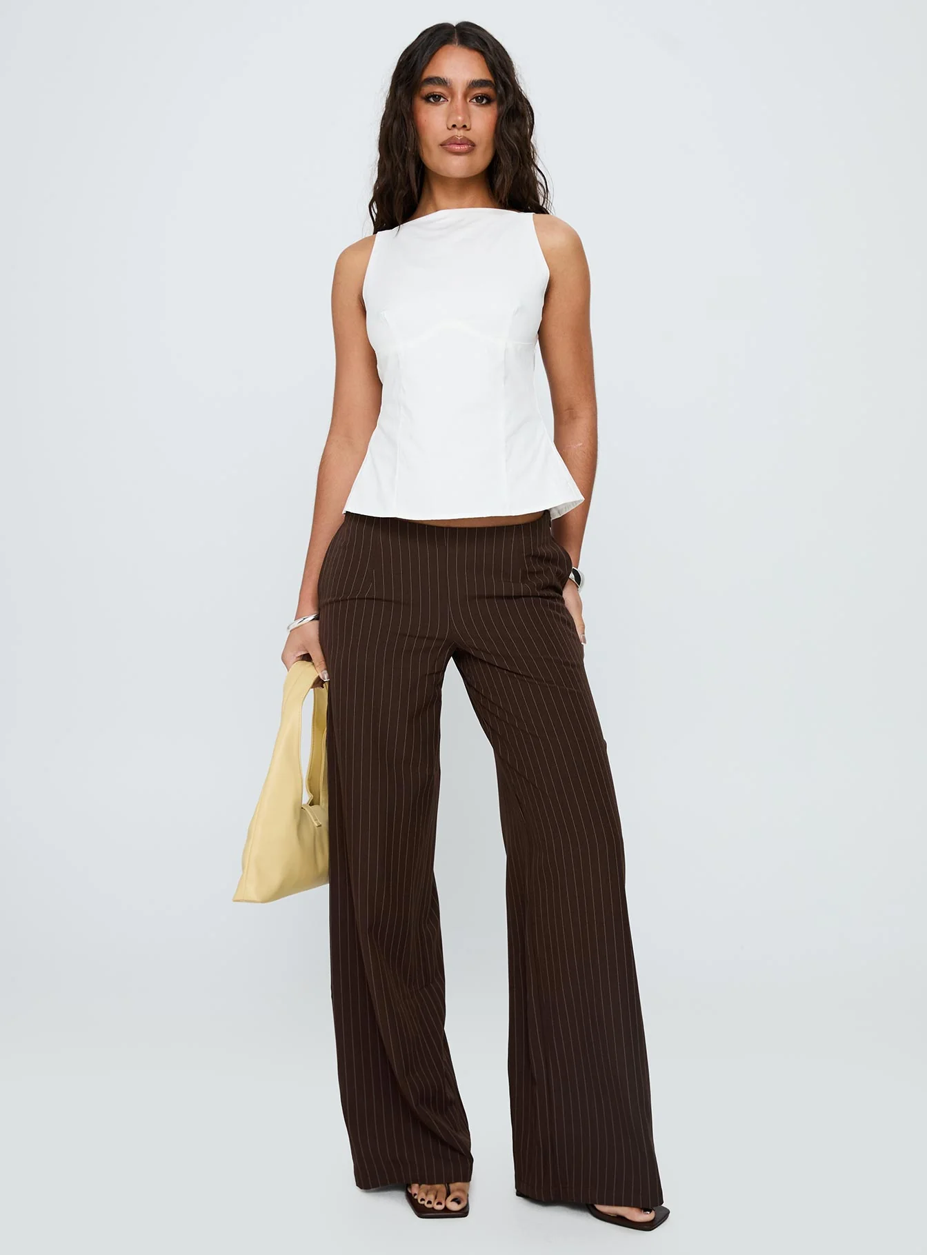 Khane Low Rise Wide Leg Pant Brown Pinstripe