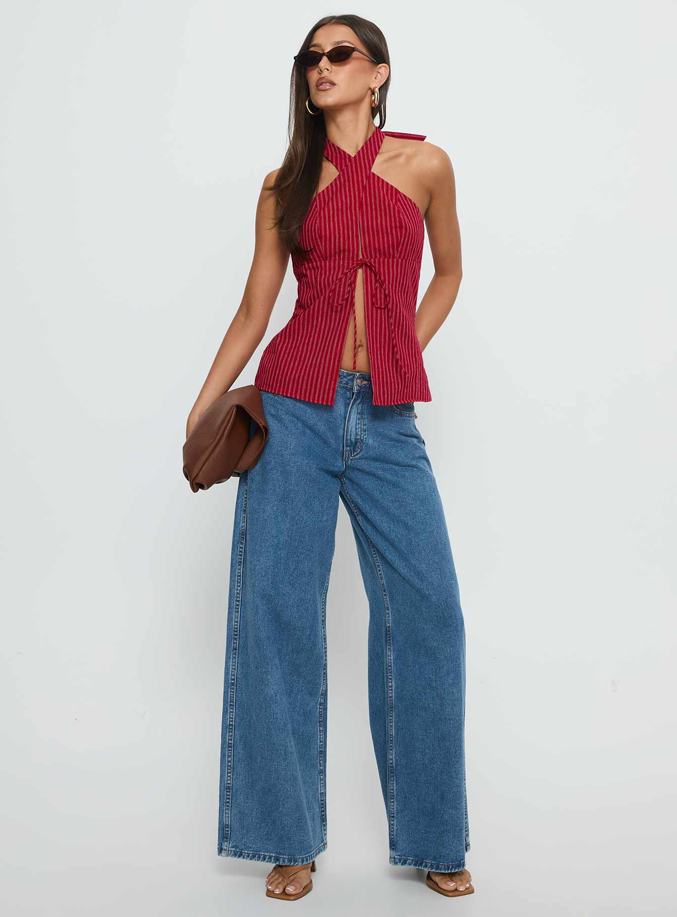 Sensational Cross Front Tie Detail Top Red Stripe