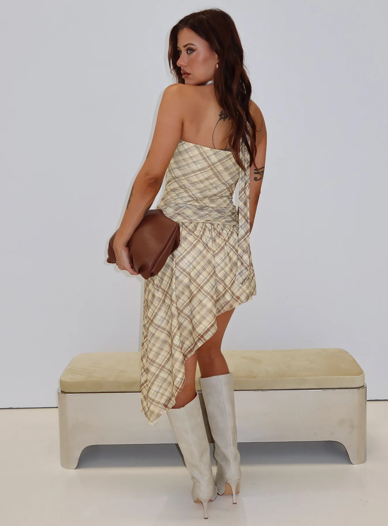 Cambria Strapless Scarf Midi Dress Yellow Check