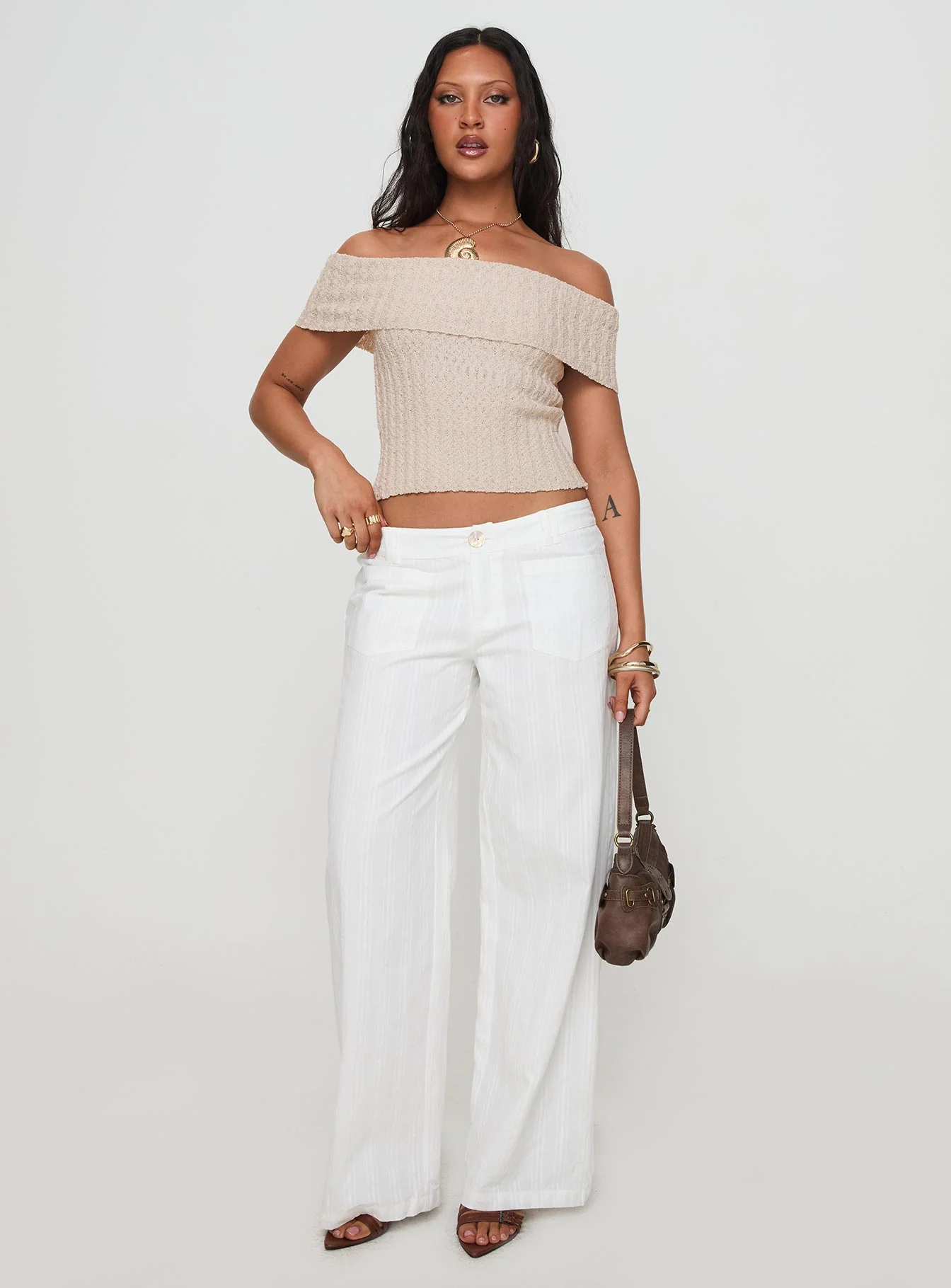 Murmur Off Shoulder Top Beige