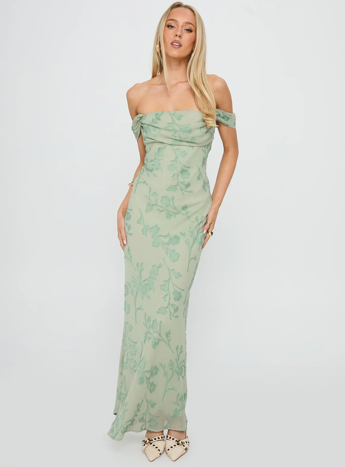 Azura Off The Shoulder Maxi Dress Green Burnout