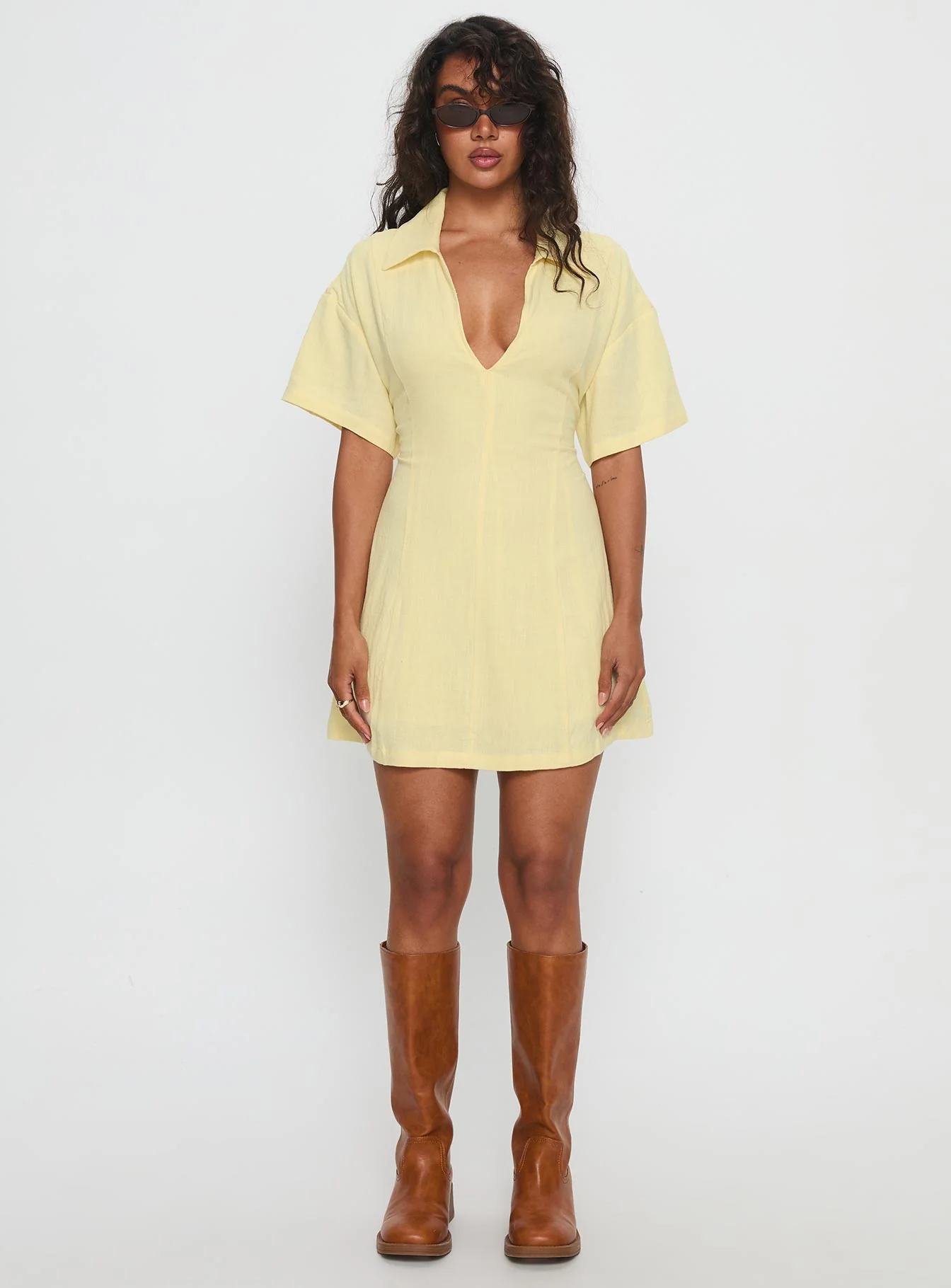 Wylla V Neck Linen Mini Dress Yellow