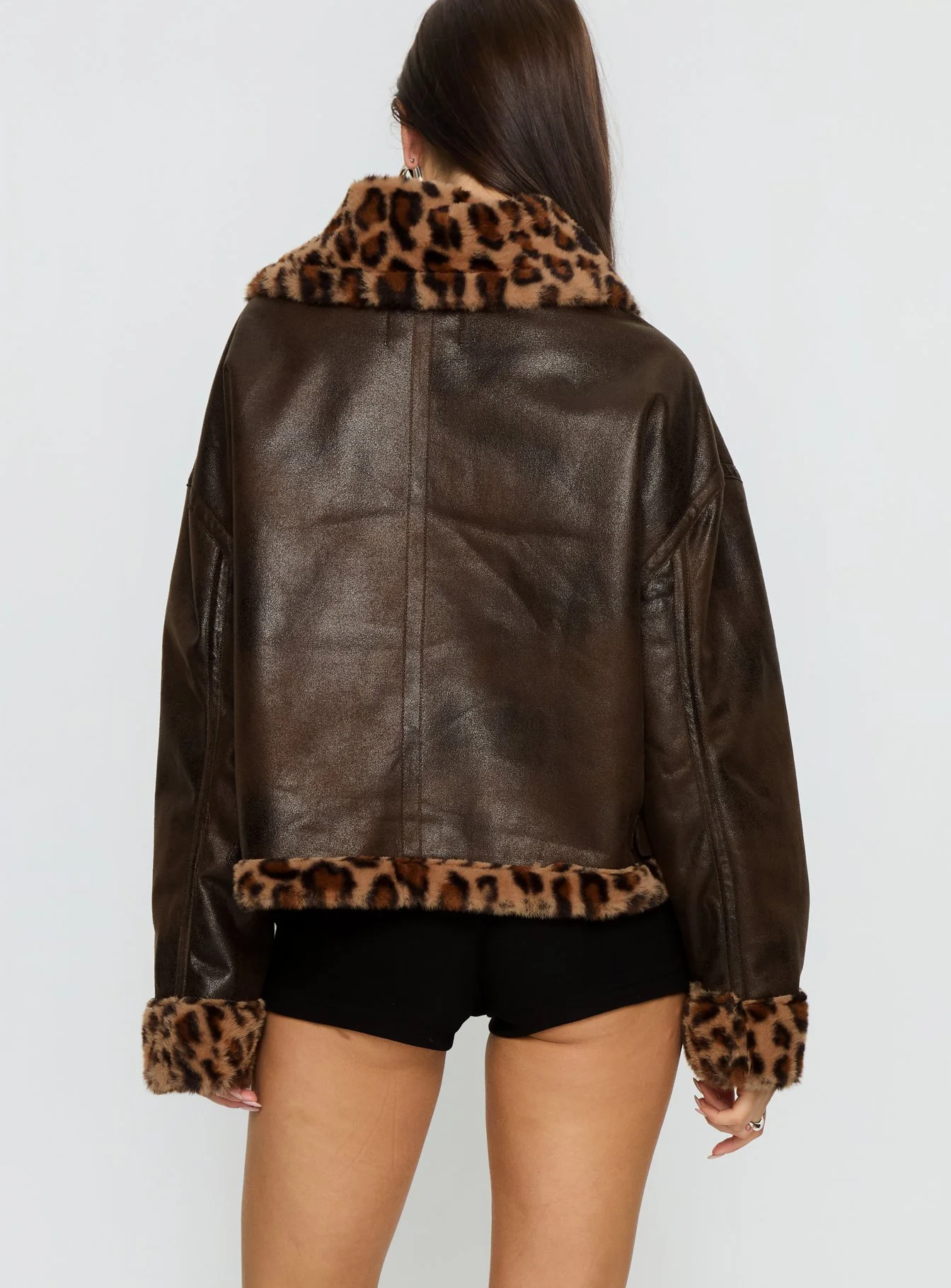Brandyn Faux Fur Trim Jacket Brown / Leopard