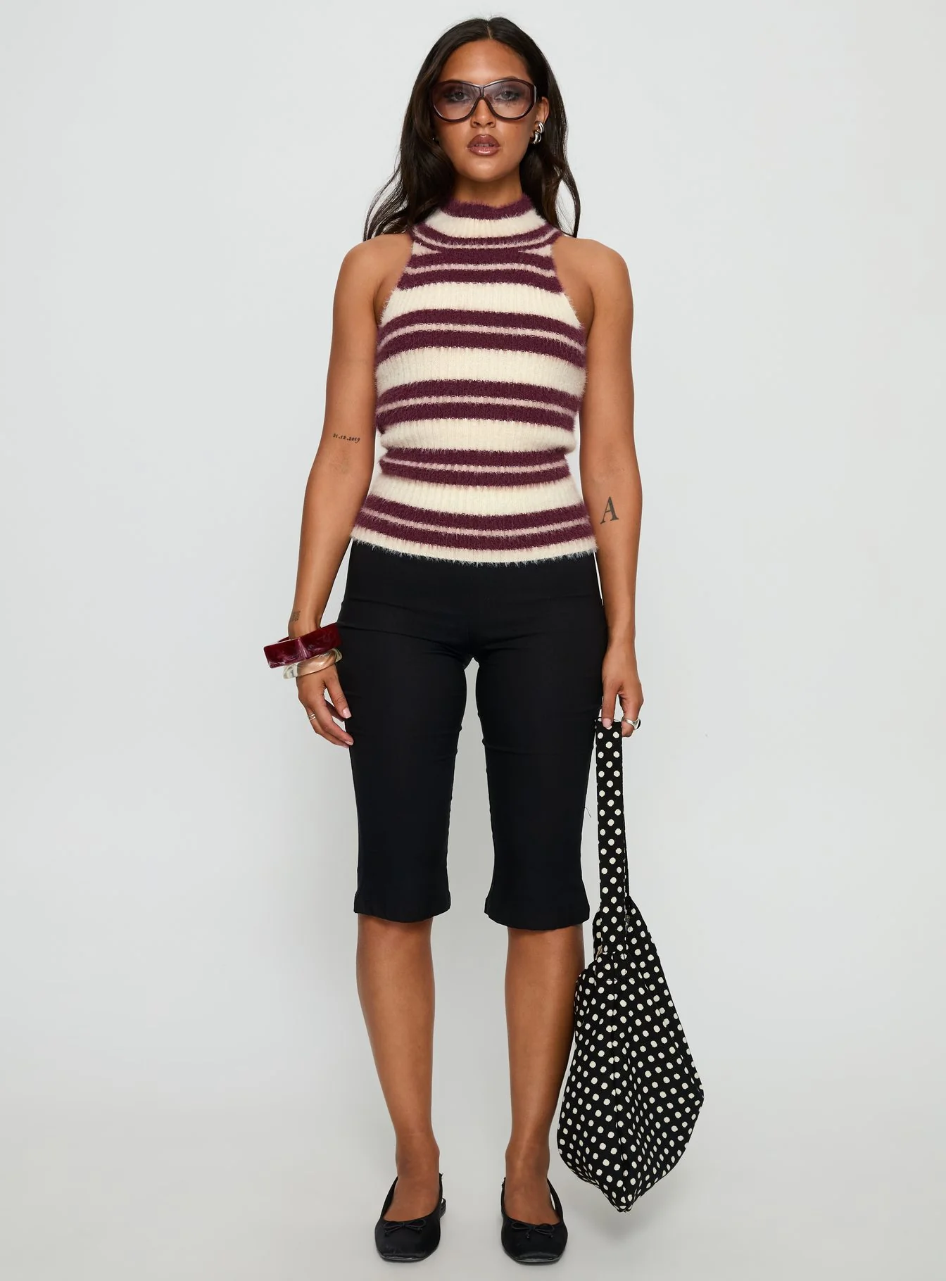 Heide High Neck Fluffy Top Burgundy Stripe