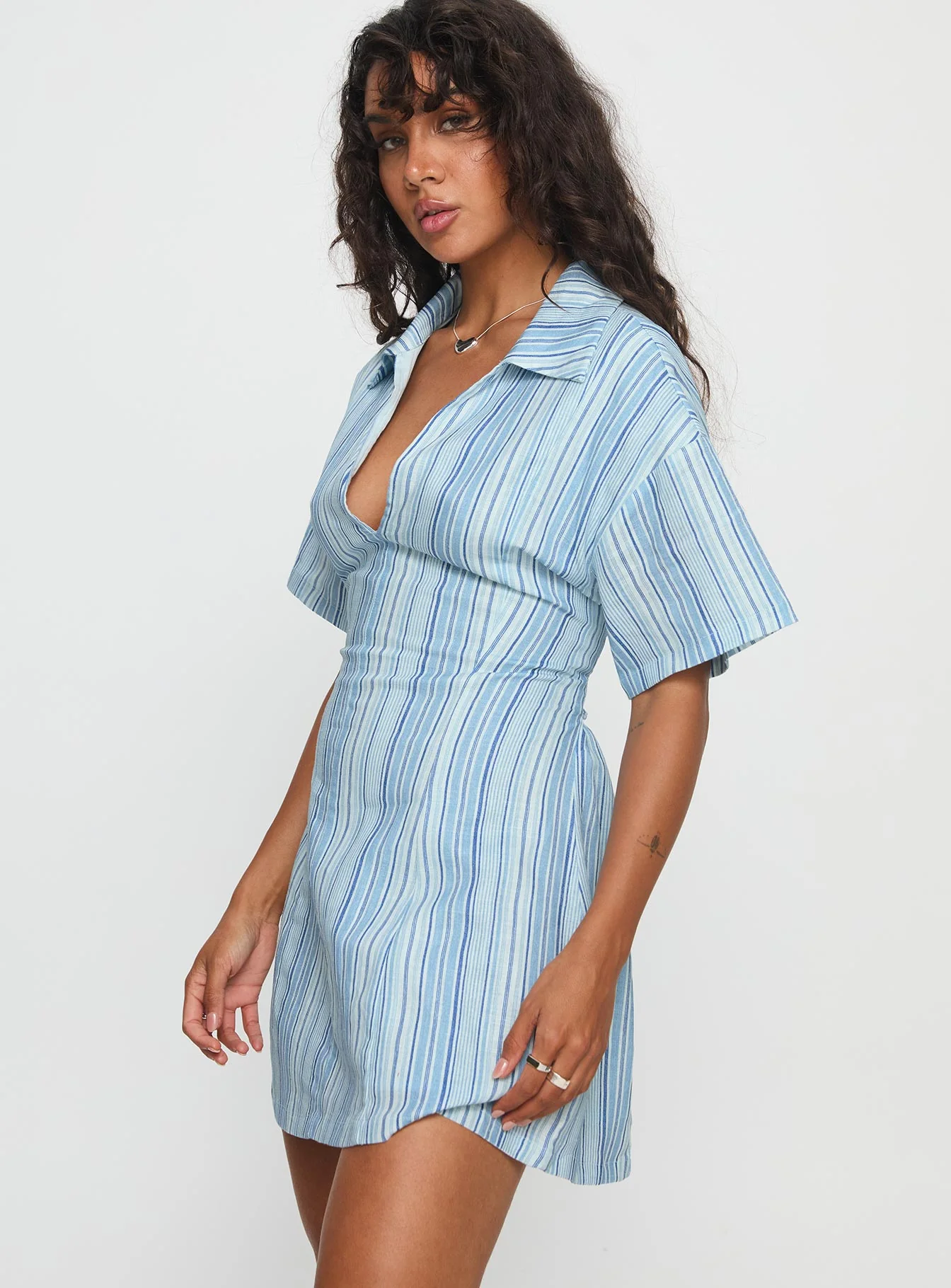 Wylla V Neck Linen Mini Dress Blue Stripe