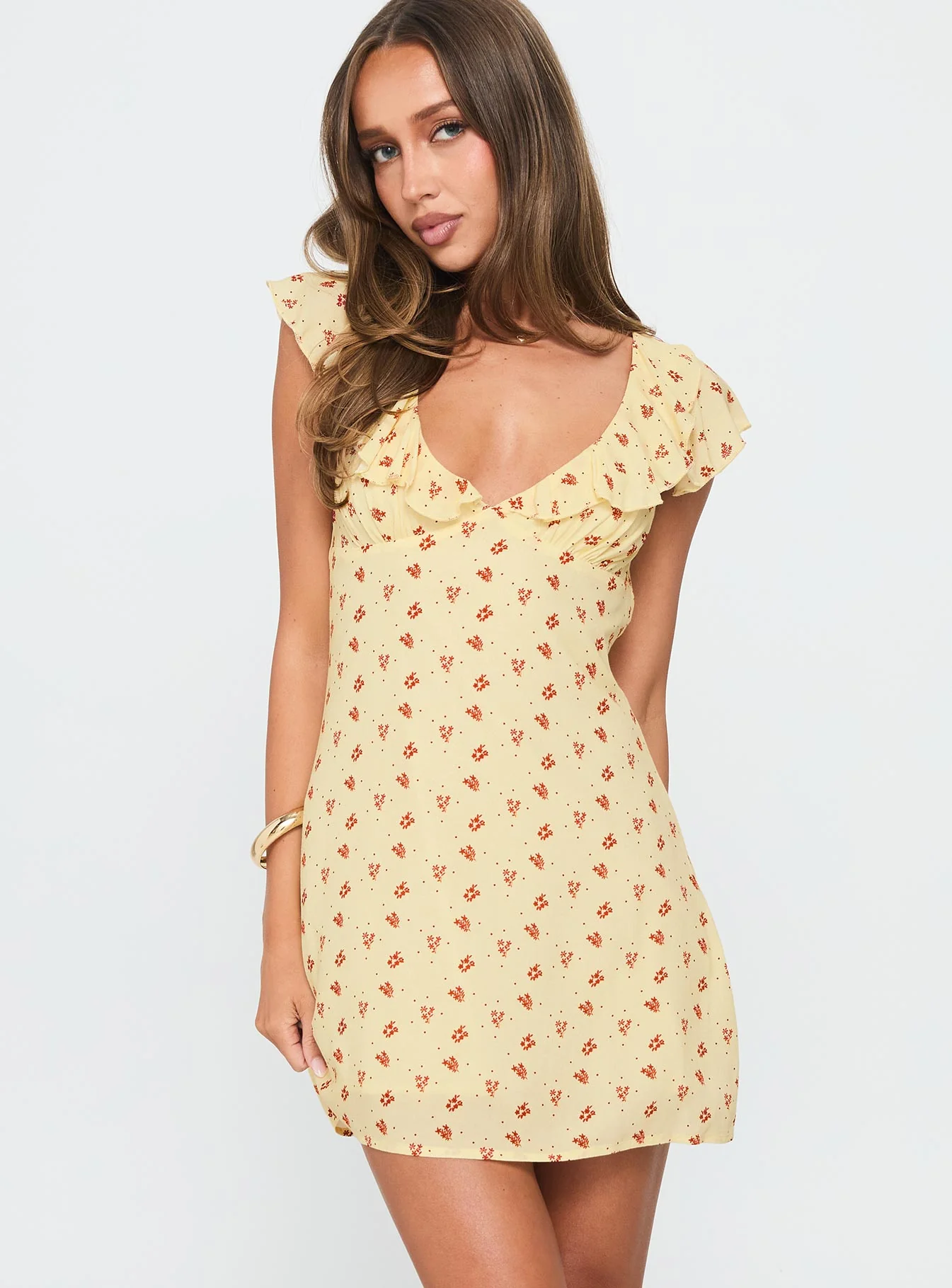 Just Me And You Frill Mini Dress Yellow Floral