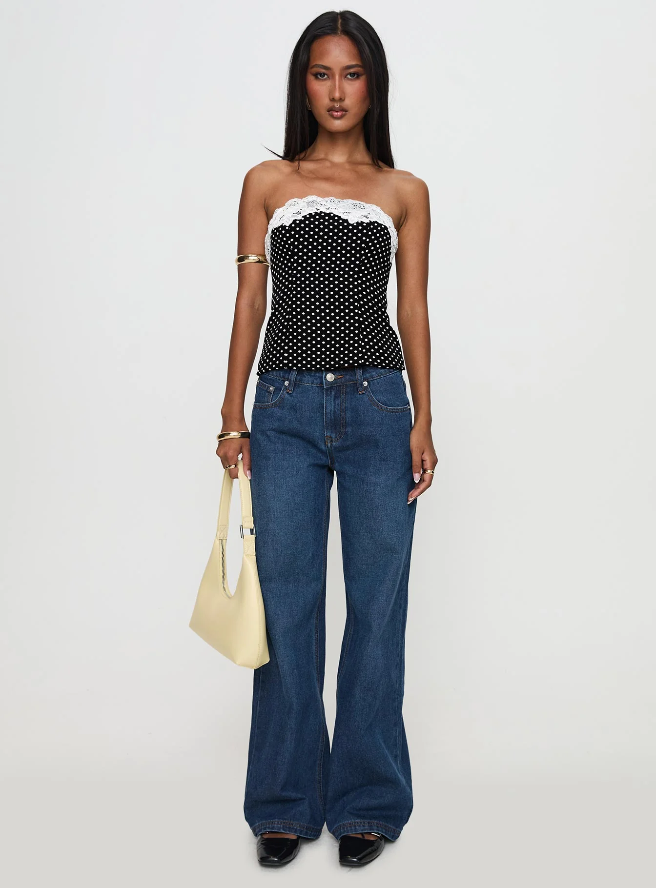 Ettore Lace Trim Strapless Top Black Polka