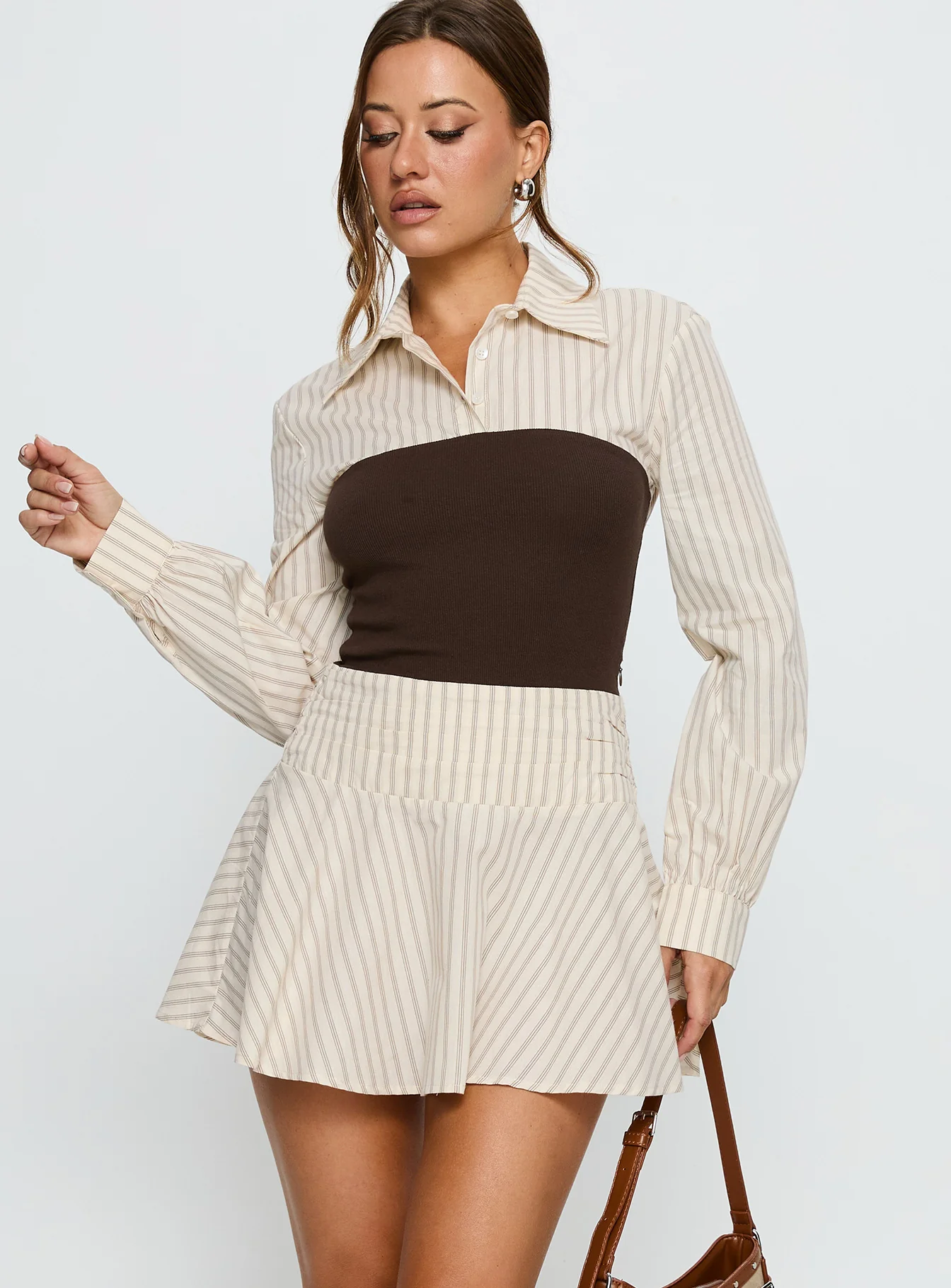 Belva Long Sleeve Corset Shirt Mini Dress Brown Stripe