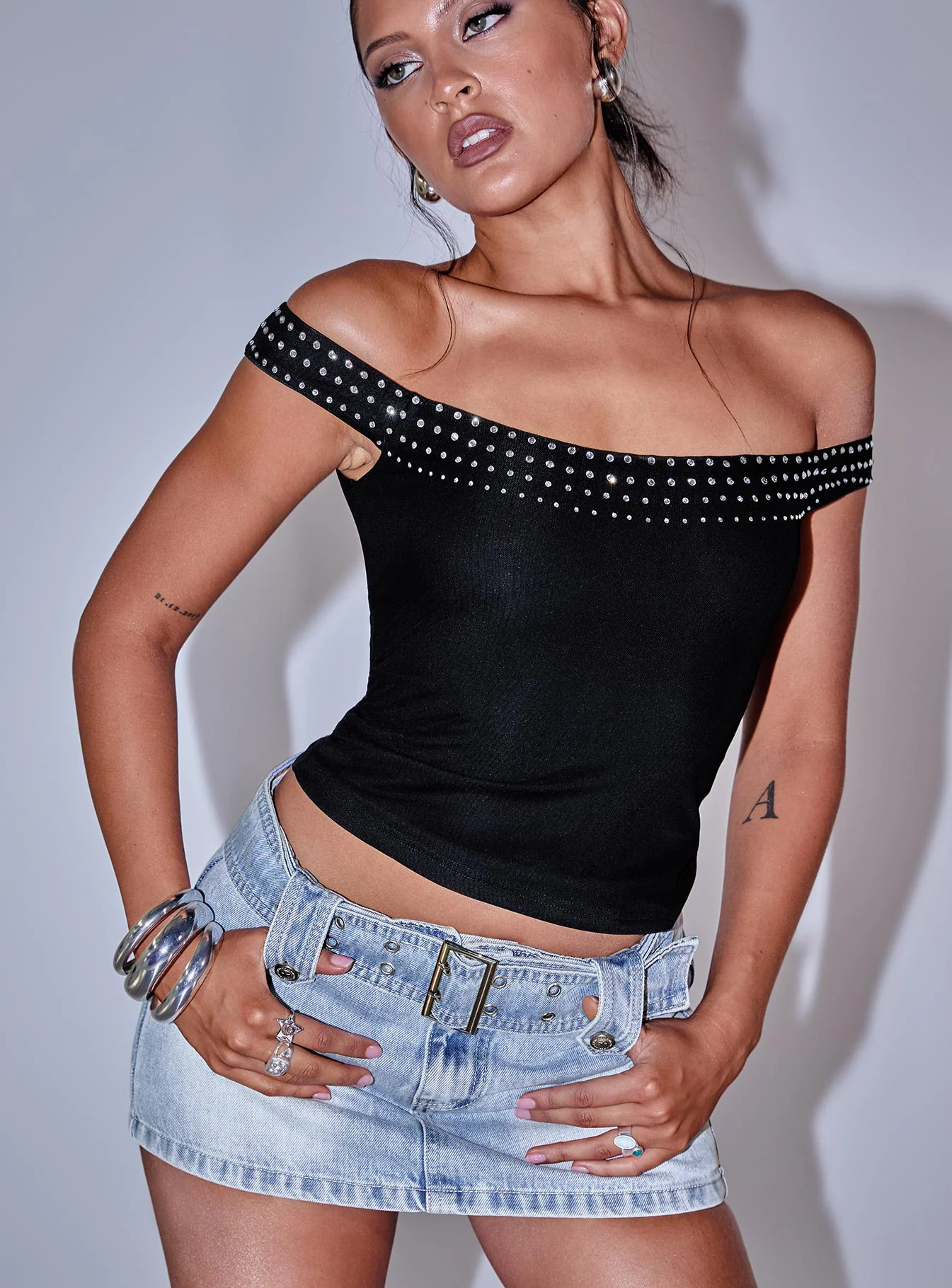 Jewels Off The Shoulder Top Black