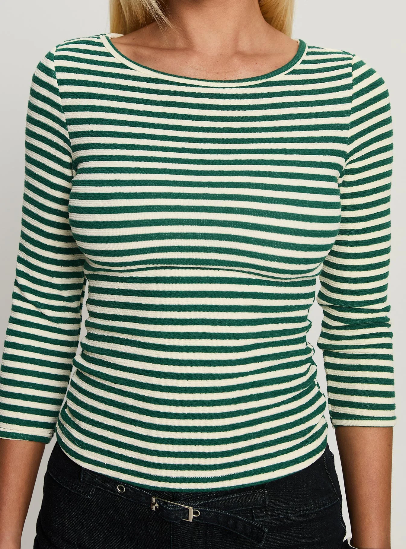 Missouri 3/4 Sleeve Textured Top Green Stripe