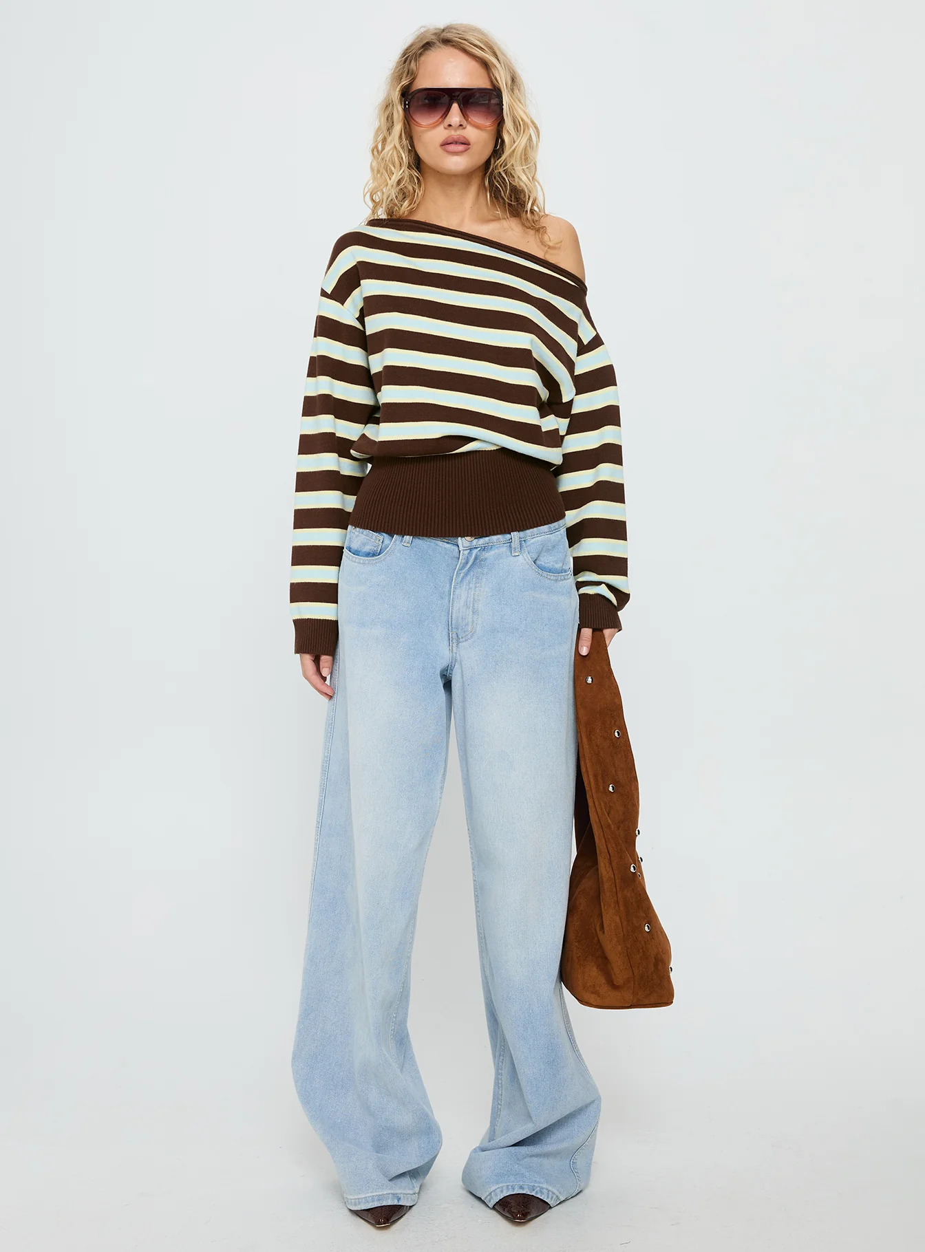 Zinia Off Shoulder Knit Sweater Brown / Blue Stripe