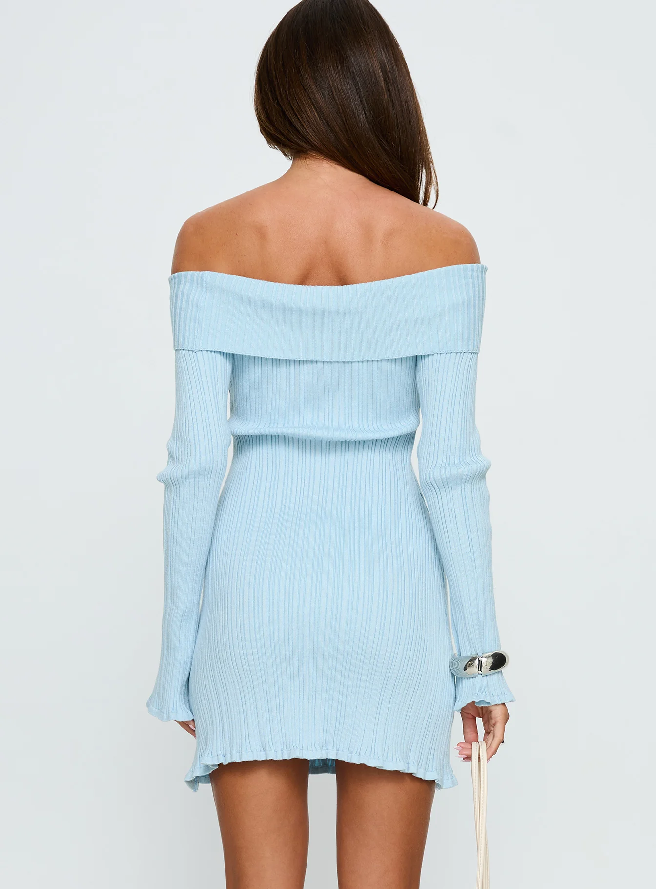 Freshwater Long Sleeve Rib Knit Mini Dress Ice Blue