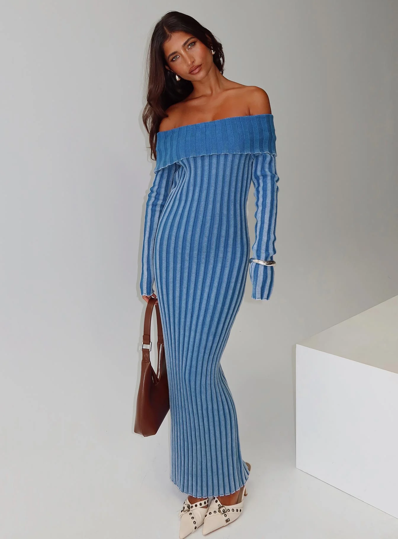 Mariska Long Sleeve Rib Maxi Dress Blue