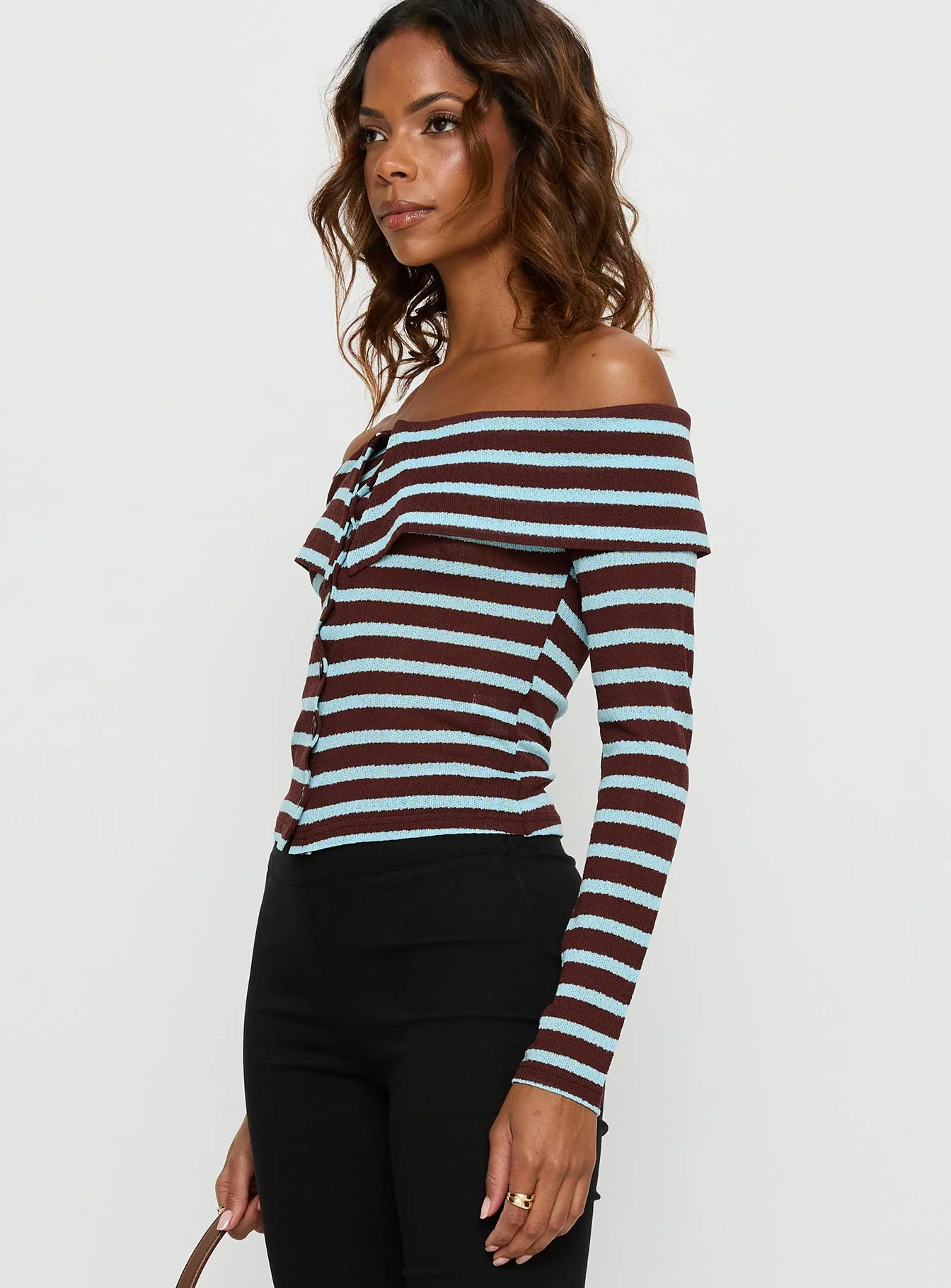 Raelena Off Shoulder Long Sleeve Top Blue / Brown Stripe