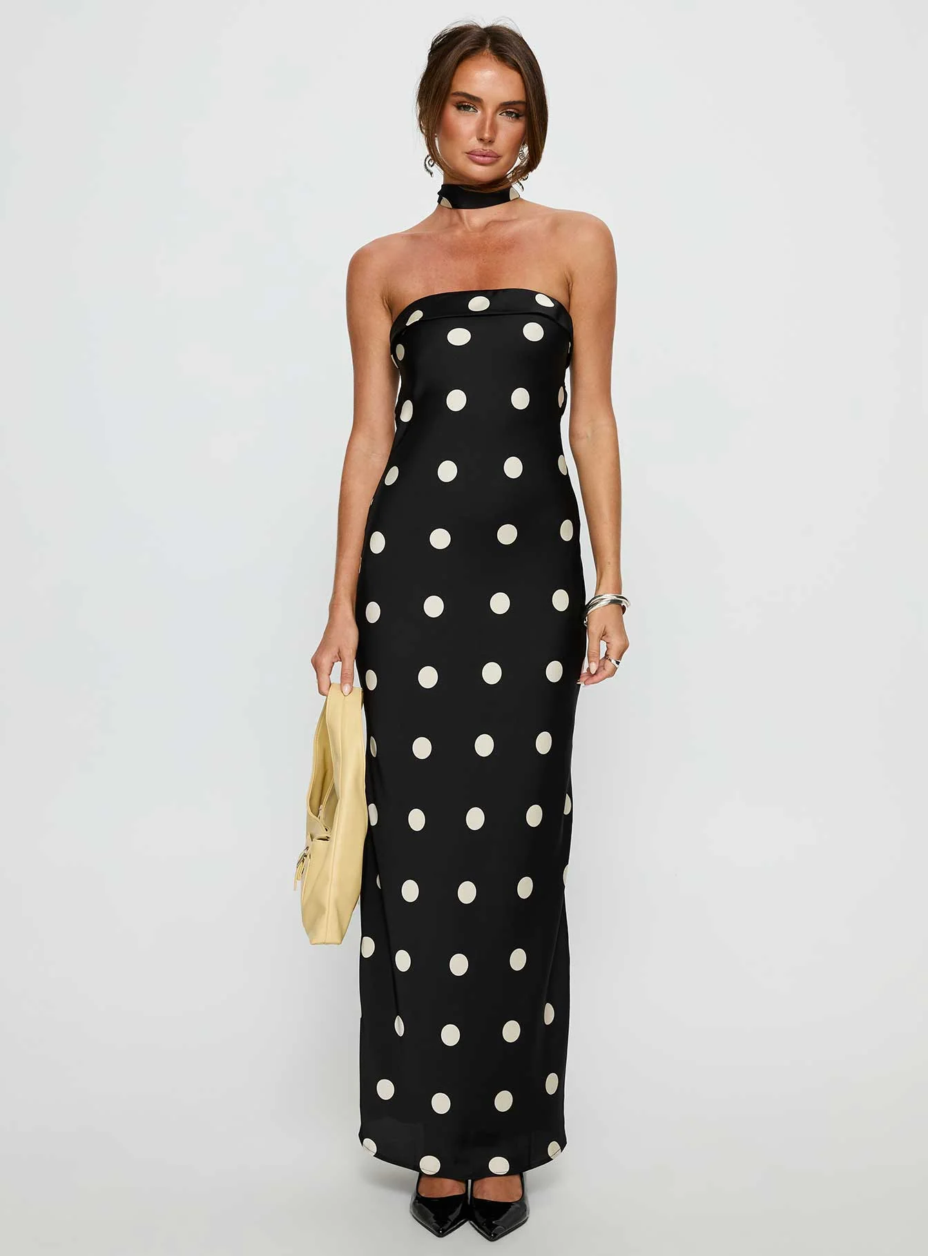 Madilaine Strapless Scarf Maxi Dress Black / Polka Dot