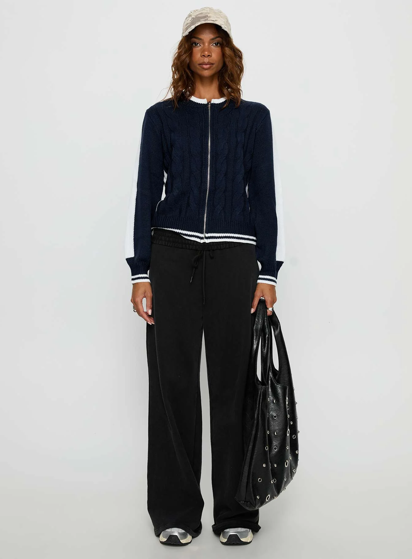 Tevyn Cable Knit Zip Through Knit Sweater Blue / Cream