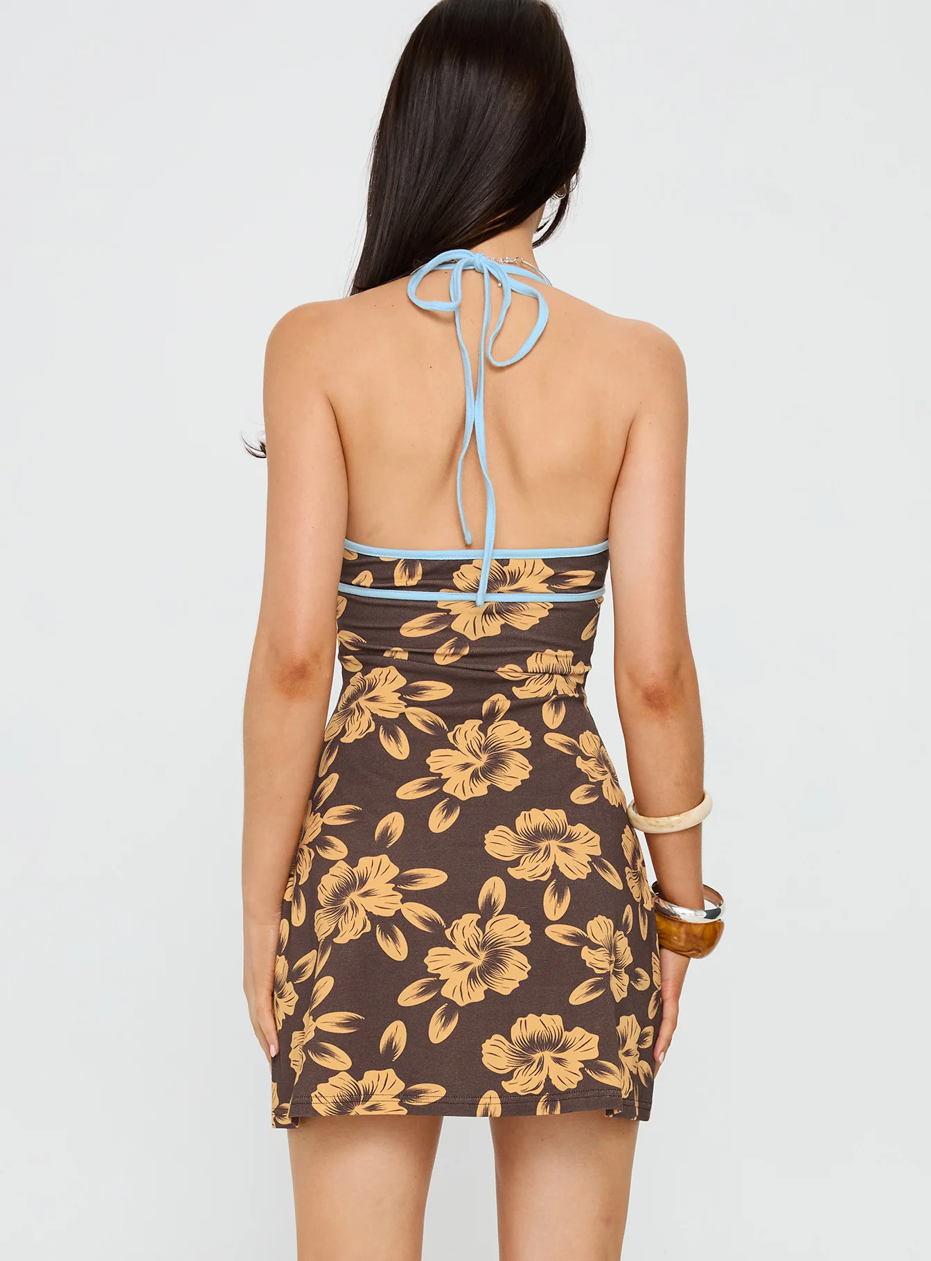Mishie Halter Mini Dress Brown / Blue Floral