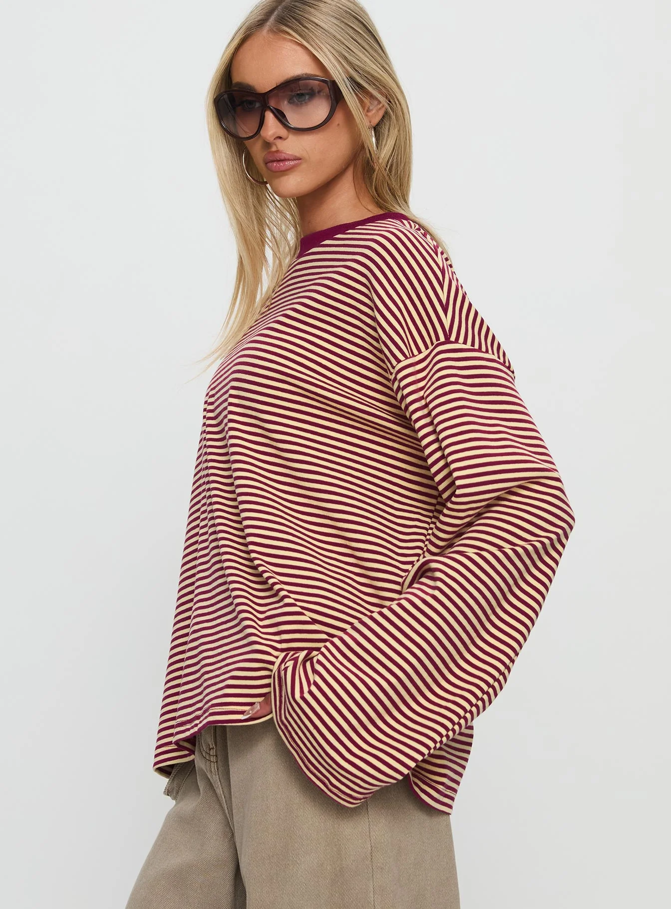 Settle Down Long Sleeve Top Lemon / Burgundy Stripe