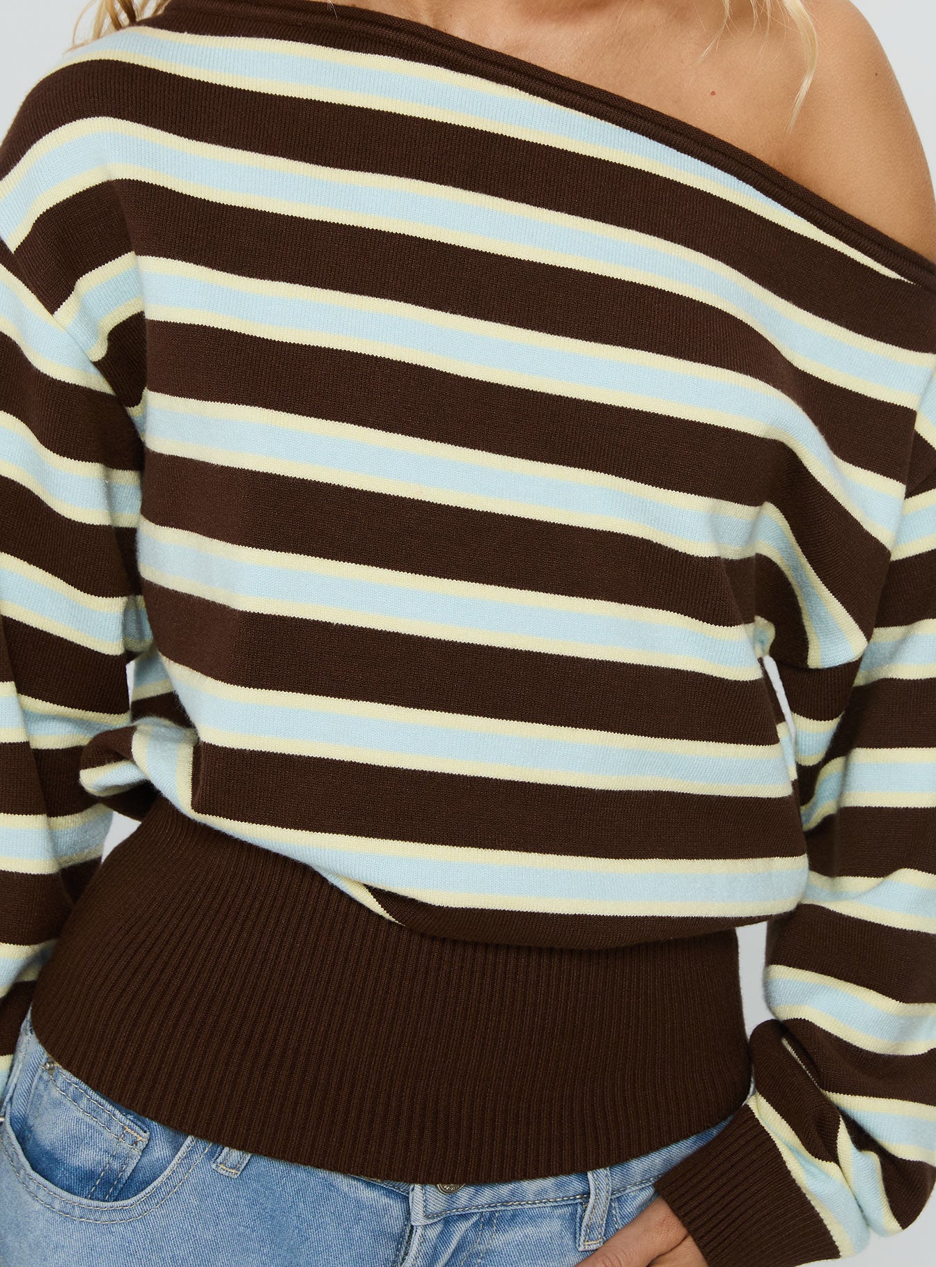 Zinia Off Shoulder Knit Sweater Brown / Blue Stripe