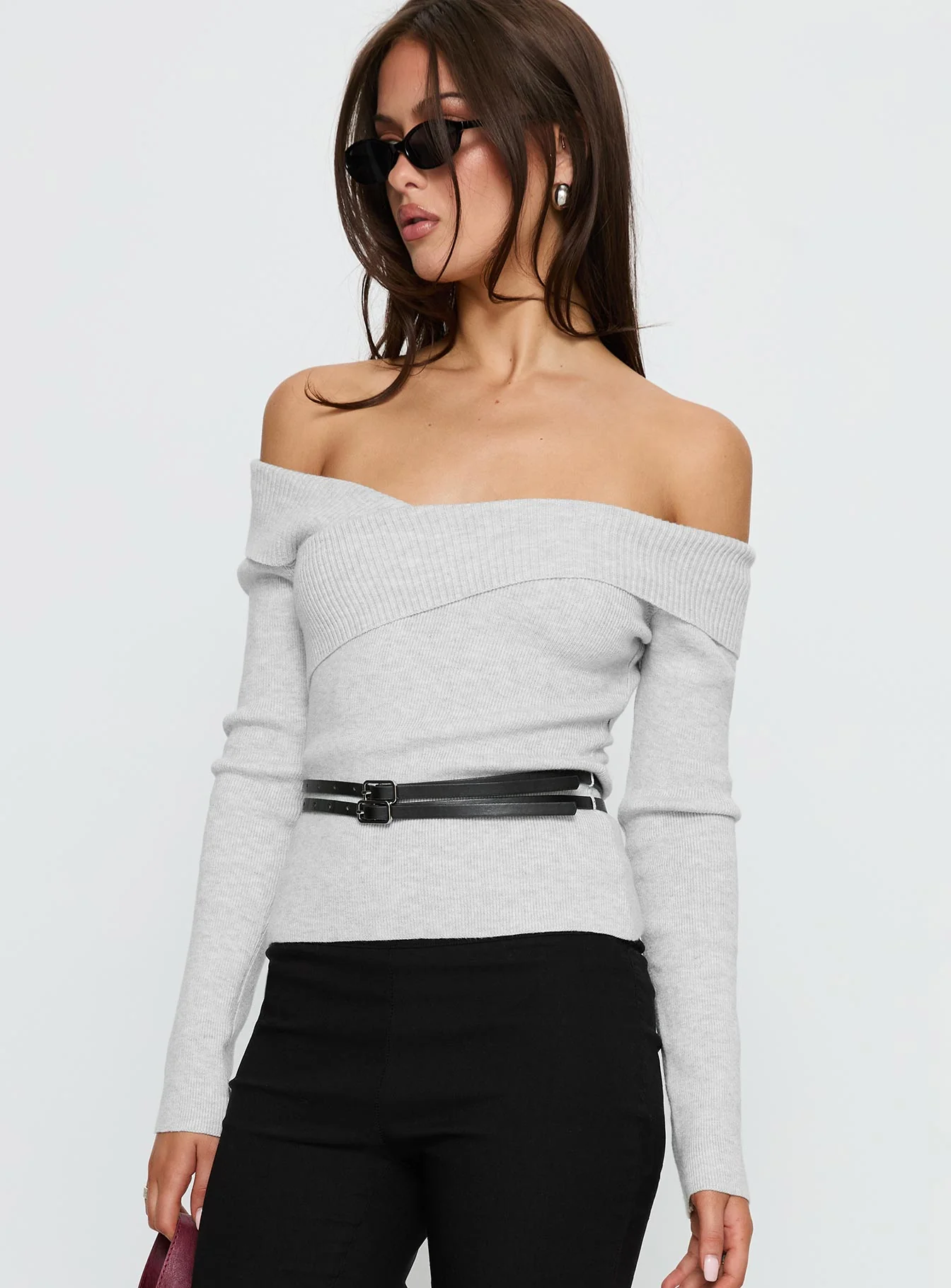 Ellenore Belt Detail Off Shoulder Top Grey