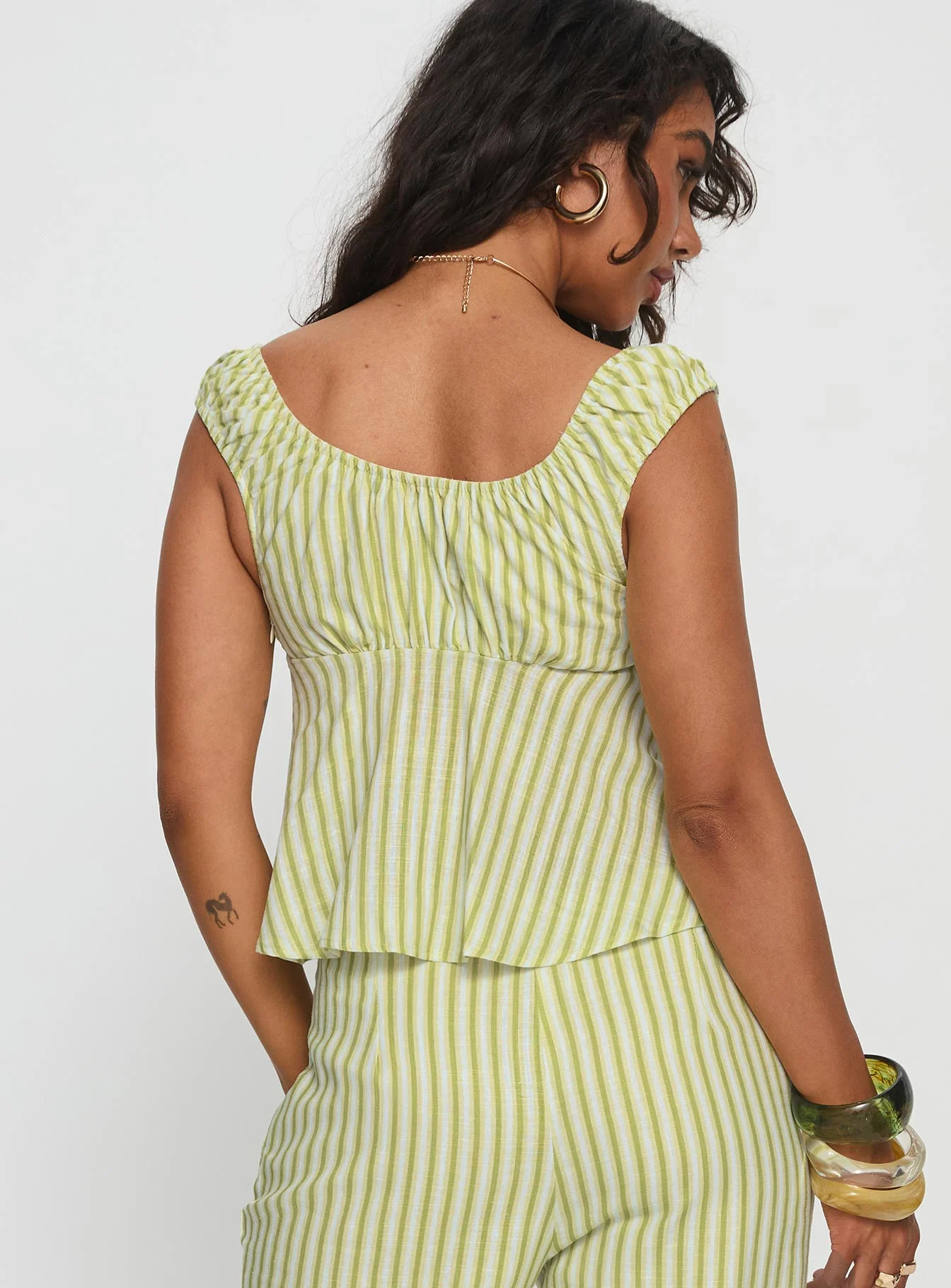 With Pleasure Puff Sleeve Linen Blouse Top Green / Blue Stripe