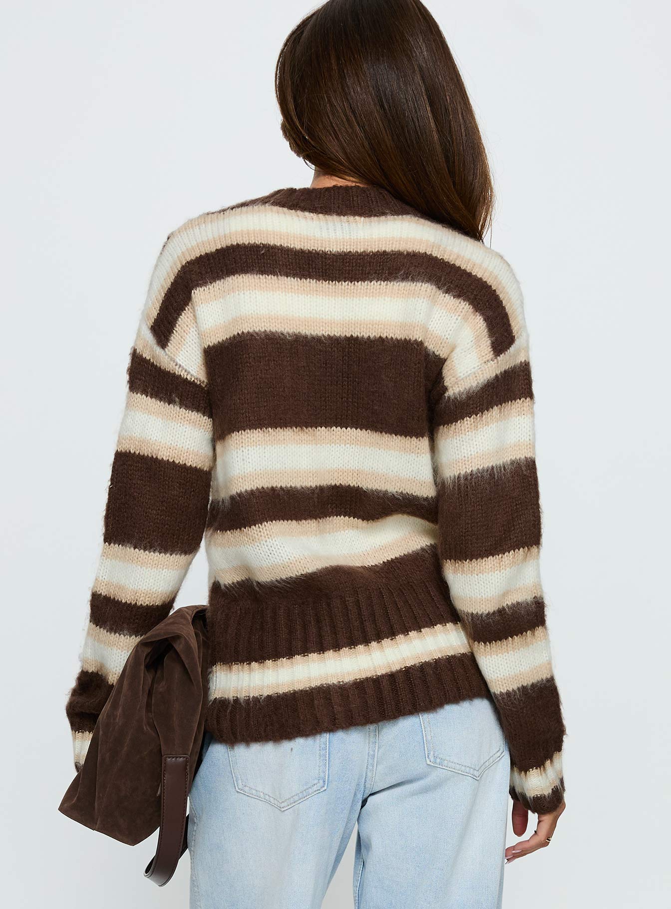 Cultivated Fluffy Knit Cardigan Brown Stripe