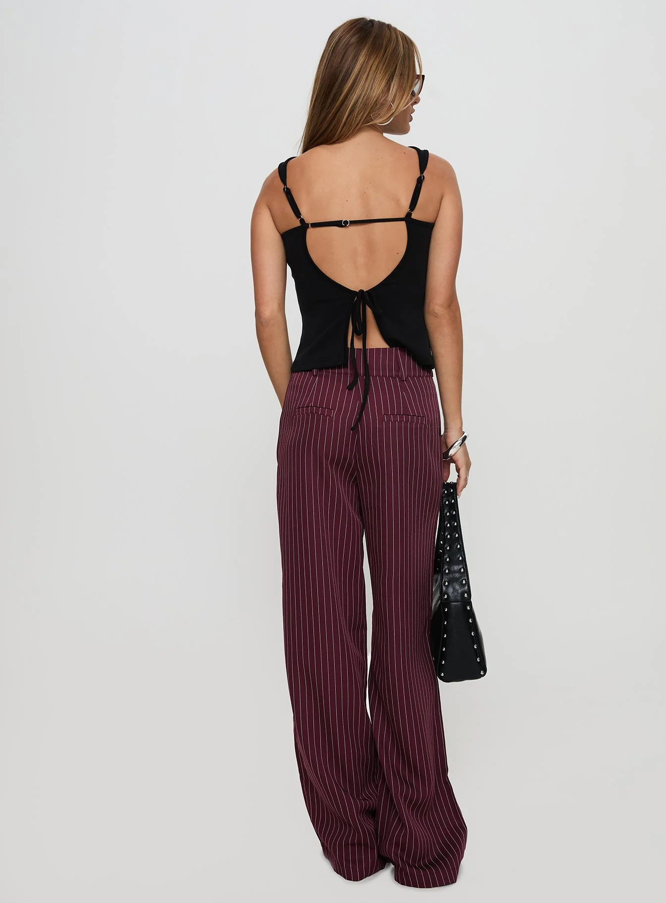 Lorenne Mid Rise Pant Burgundy Pinstripe