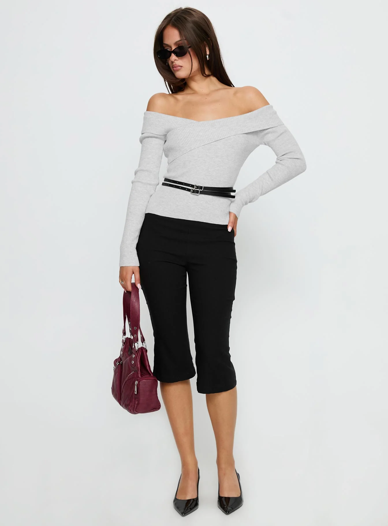 Ellenore Belt Detail Off Shoulder Top Grey