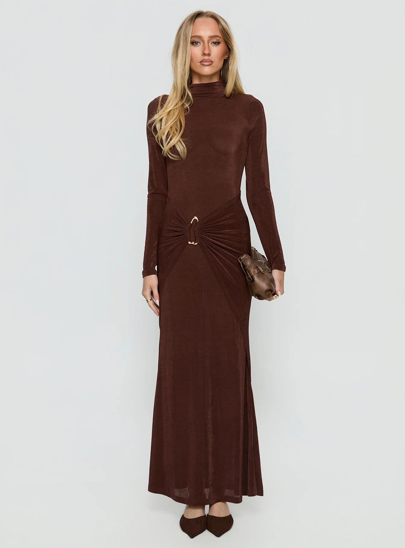 Yaqueline Long Sleeve Ruched Maxi Dress Chocolate