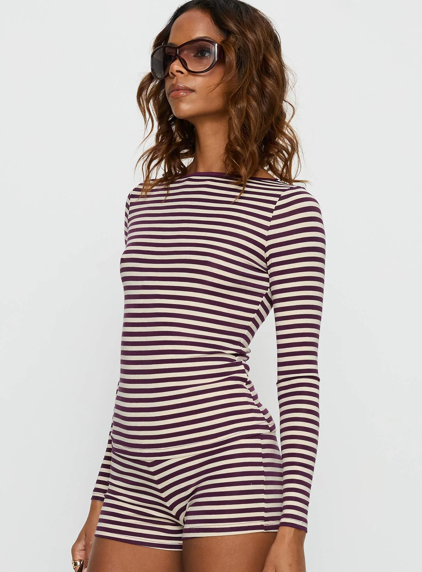 Caprise Wide Neck Long Sleeve Top Purple Stripe