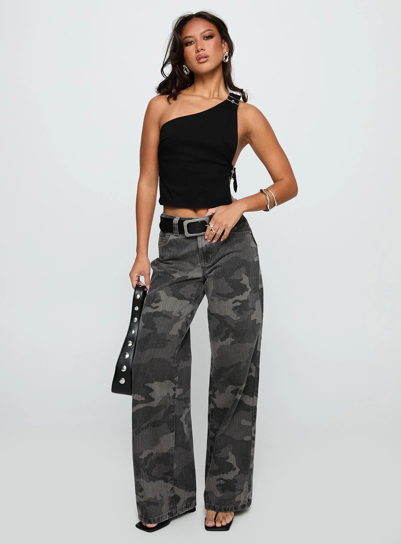 Big Talk Mid Rise Straight Leg Jeans Grey Washed Camo