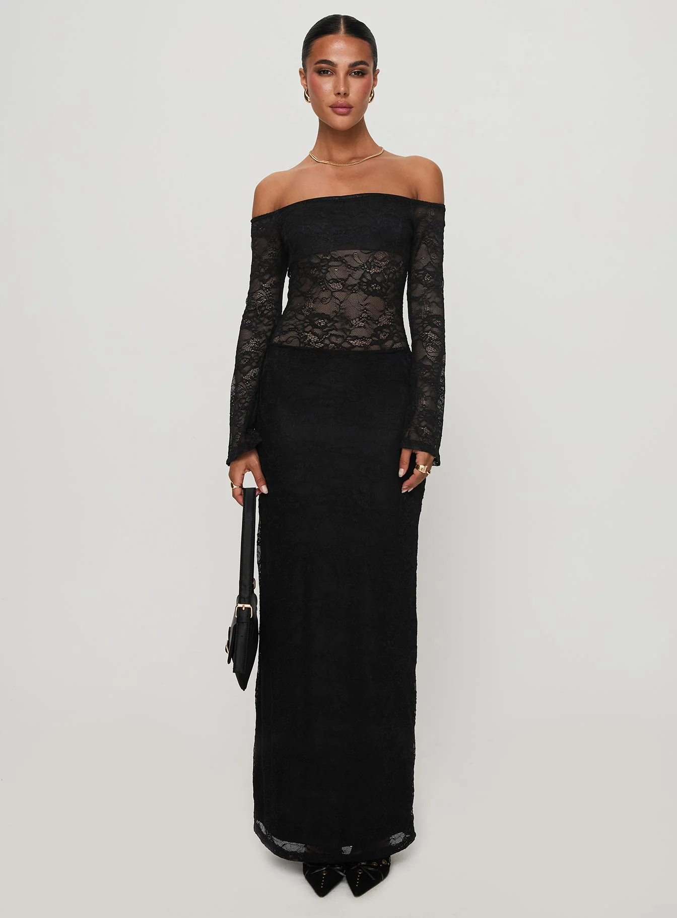 Pinot Grigio Long Sleeve Lace Maxi Dress Black