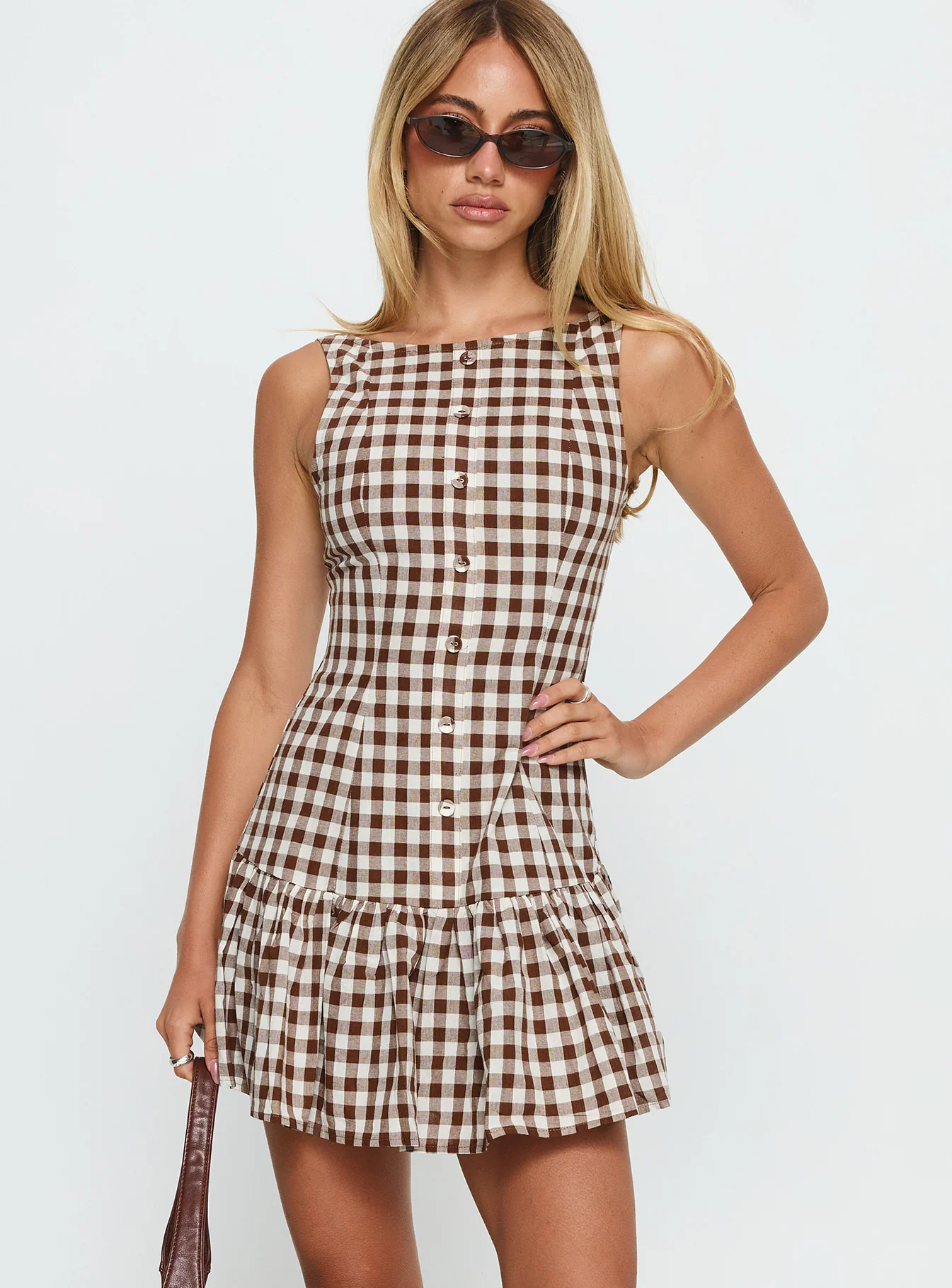 Kolbie Boat Neck Frill Mini Dress Brown Gingham