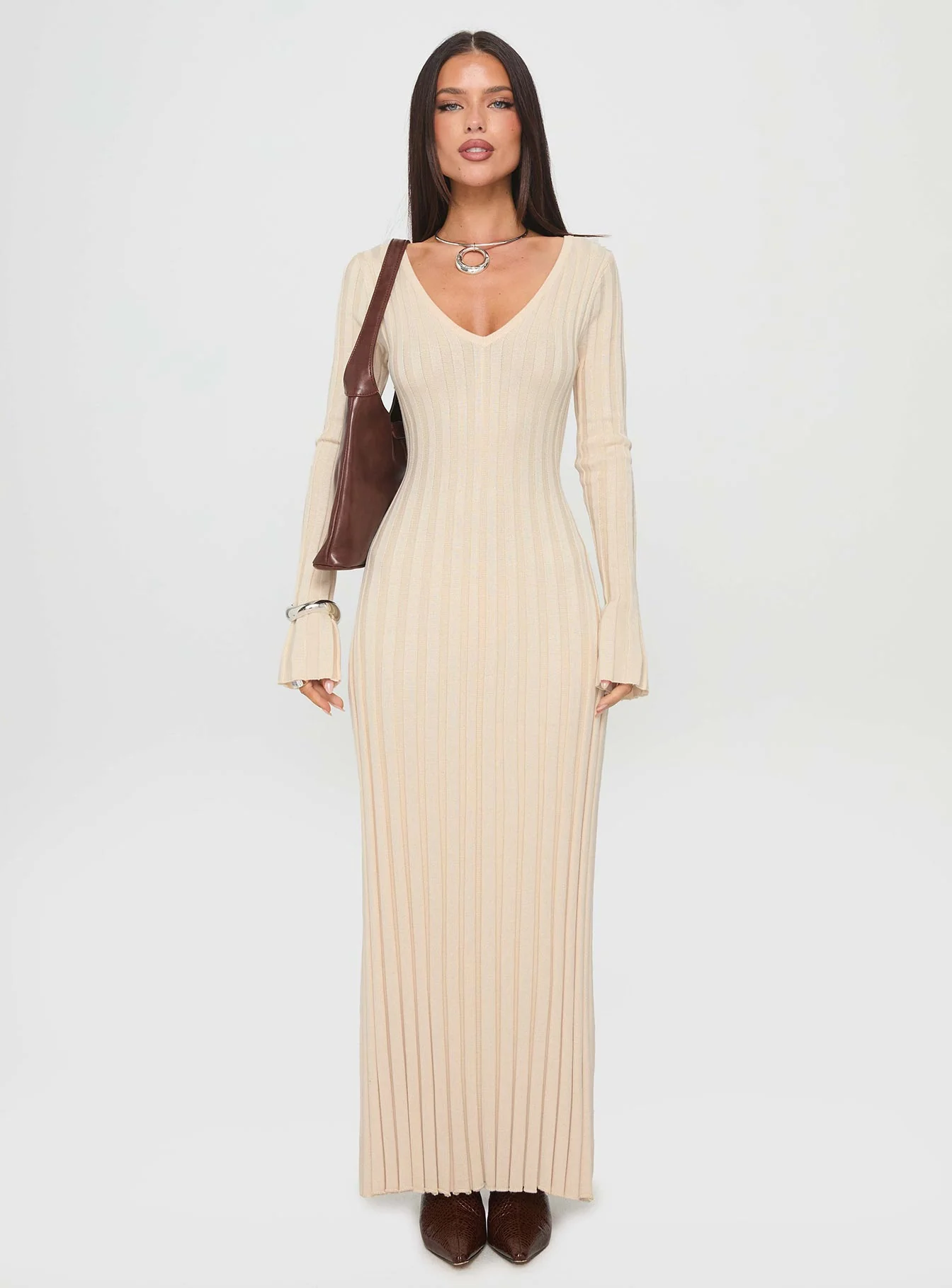 Gratuita Long Sleeve Rib Maxi Dress Cream