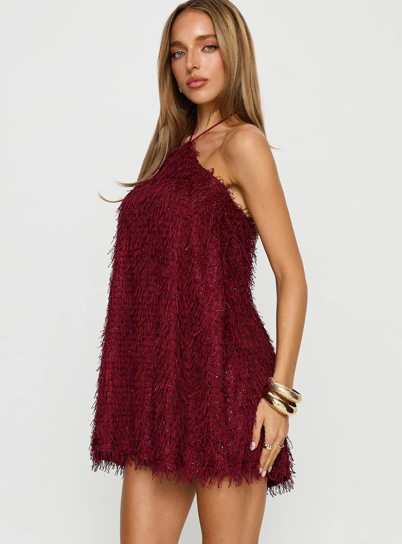 Koressa Halter Fringe Mini Dress Burgundy